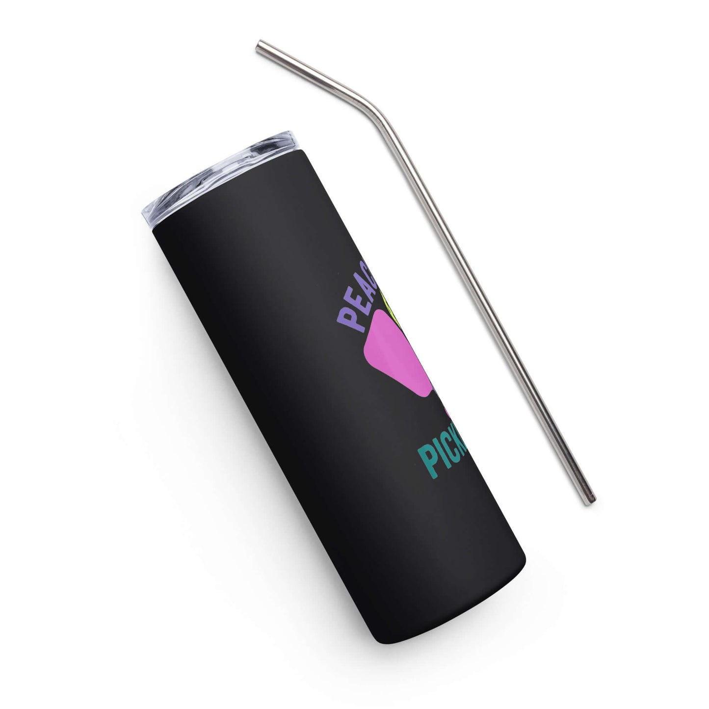 Peace, Love, Pickleball Stainless Steel Tumbler with straw, ideal for hydration and pickleball enthusiasts.
