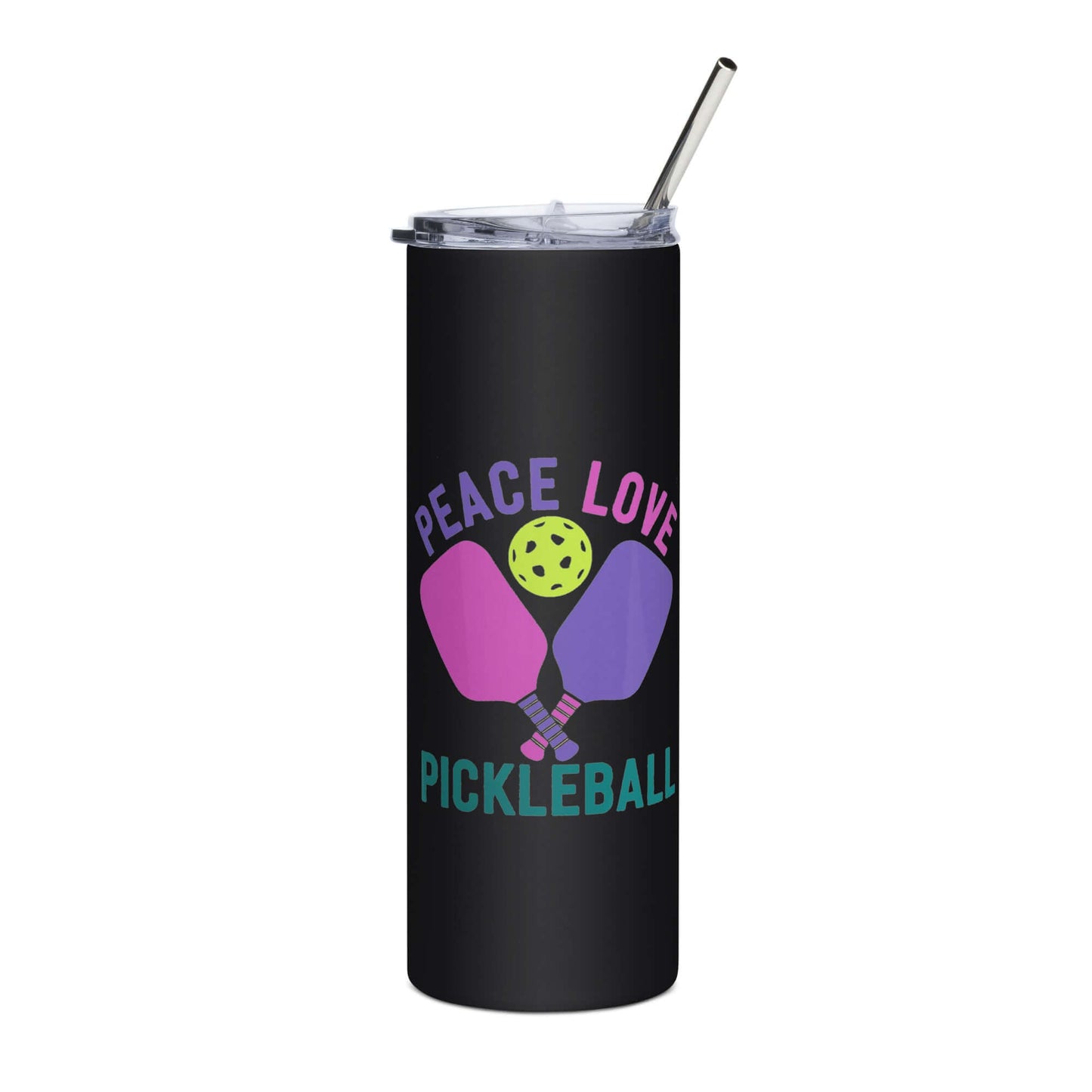 Peace Love Pickleball stainless steel tumbler with colorful design and straw, perfect for pickleball enthusiasts.