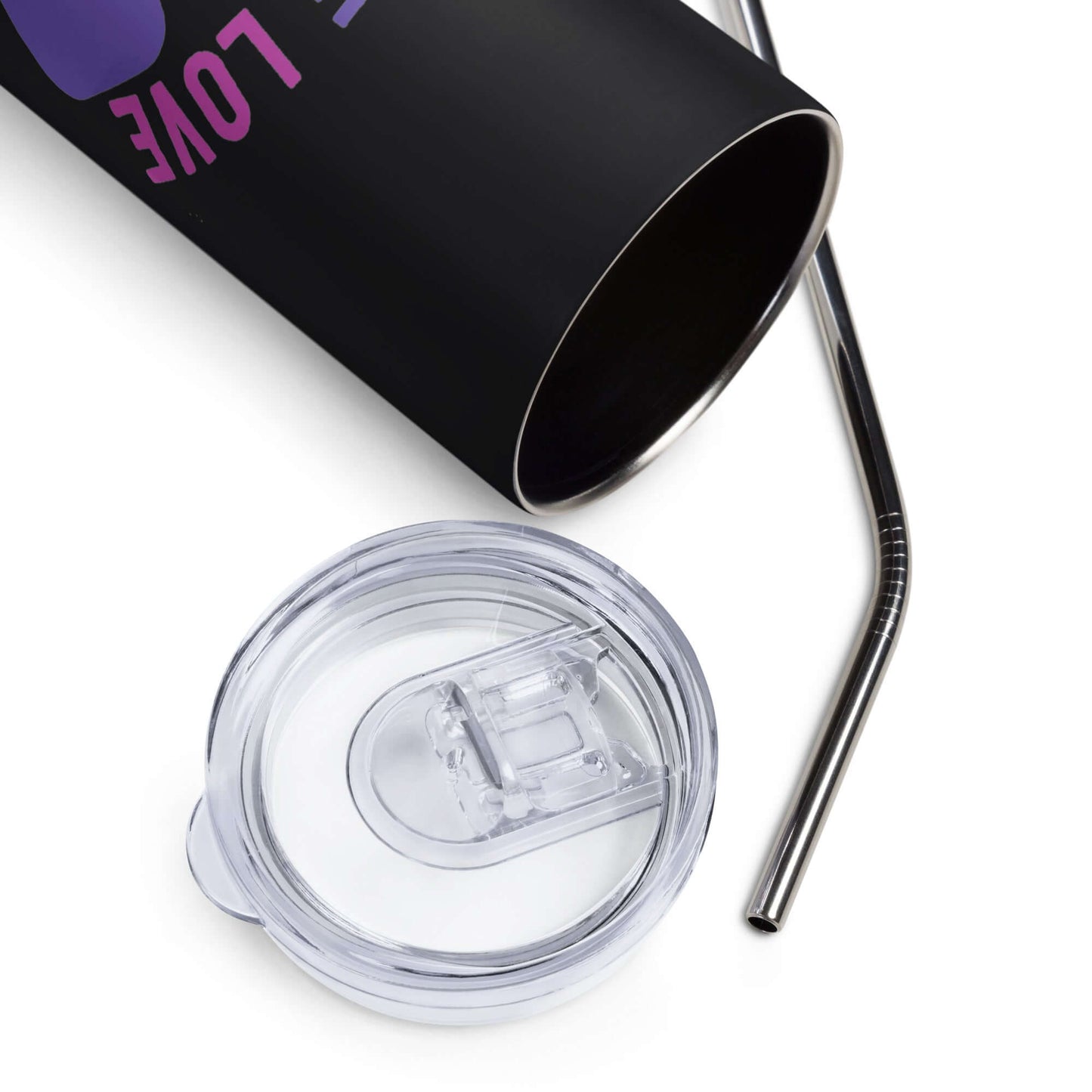 Close-up of the Peace, Love, Pickleball stainless steel tumbler with lid and straw, perfect for hydration on the go.