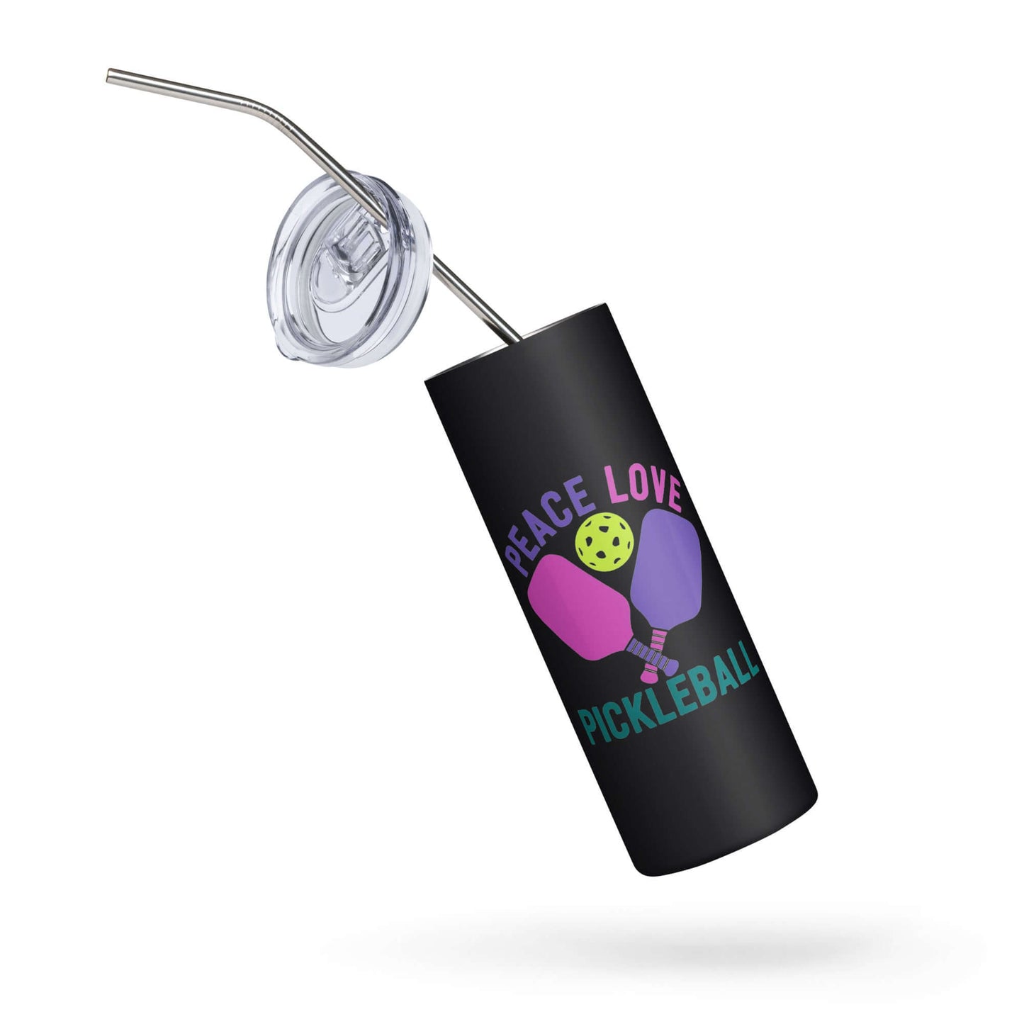 Peace, Love, Pickleball stainless steel tumbler with straw, perfect for hydration on the go.