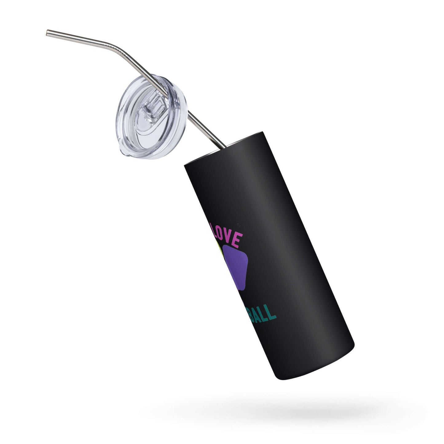 Black stainless steel tumbler with "Peace, Love, Pickleball" design and reusable straw.