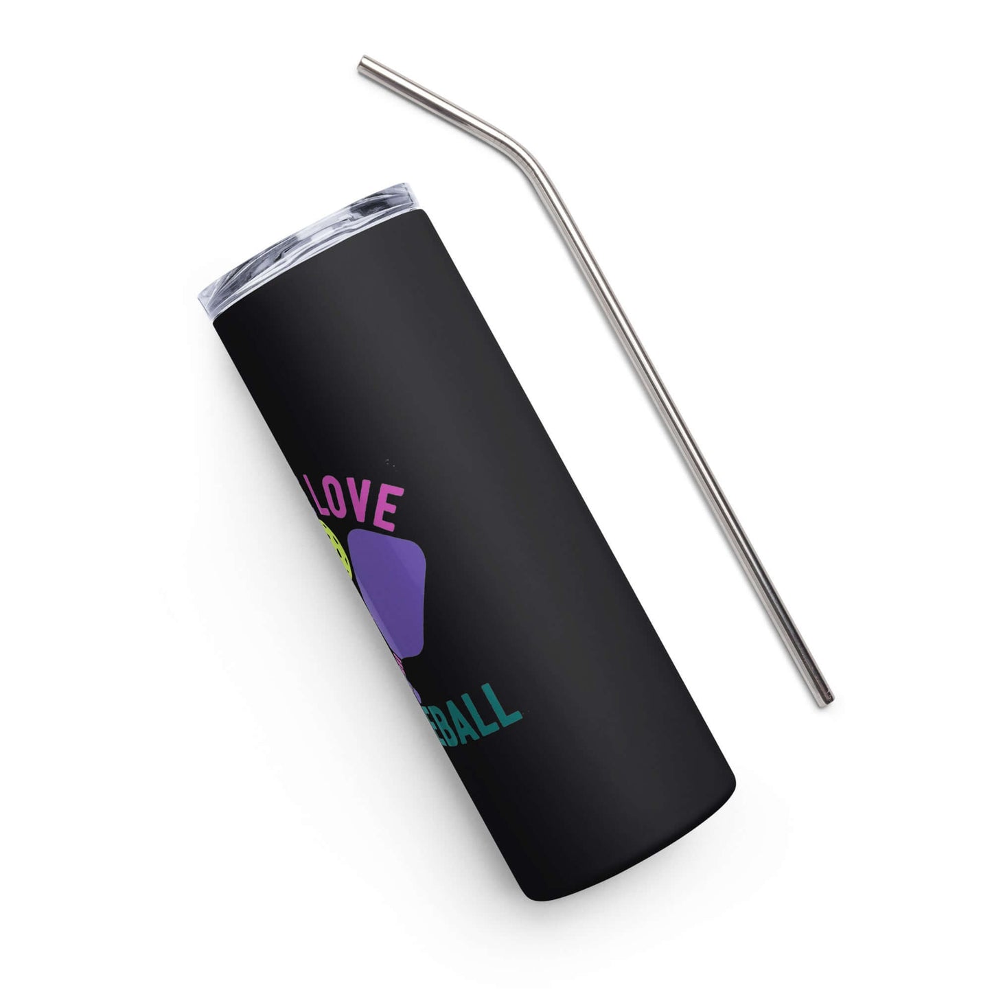 Peace, Love, Pickleball stainless steel tumbler with straw, perfect for pickleball enthusiasts.
