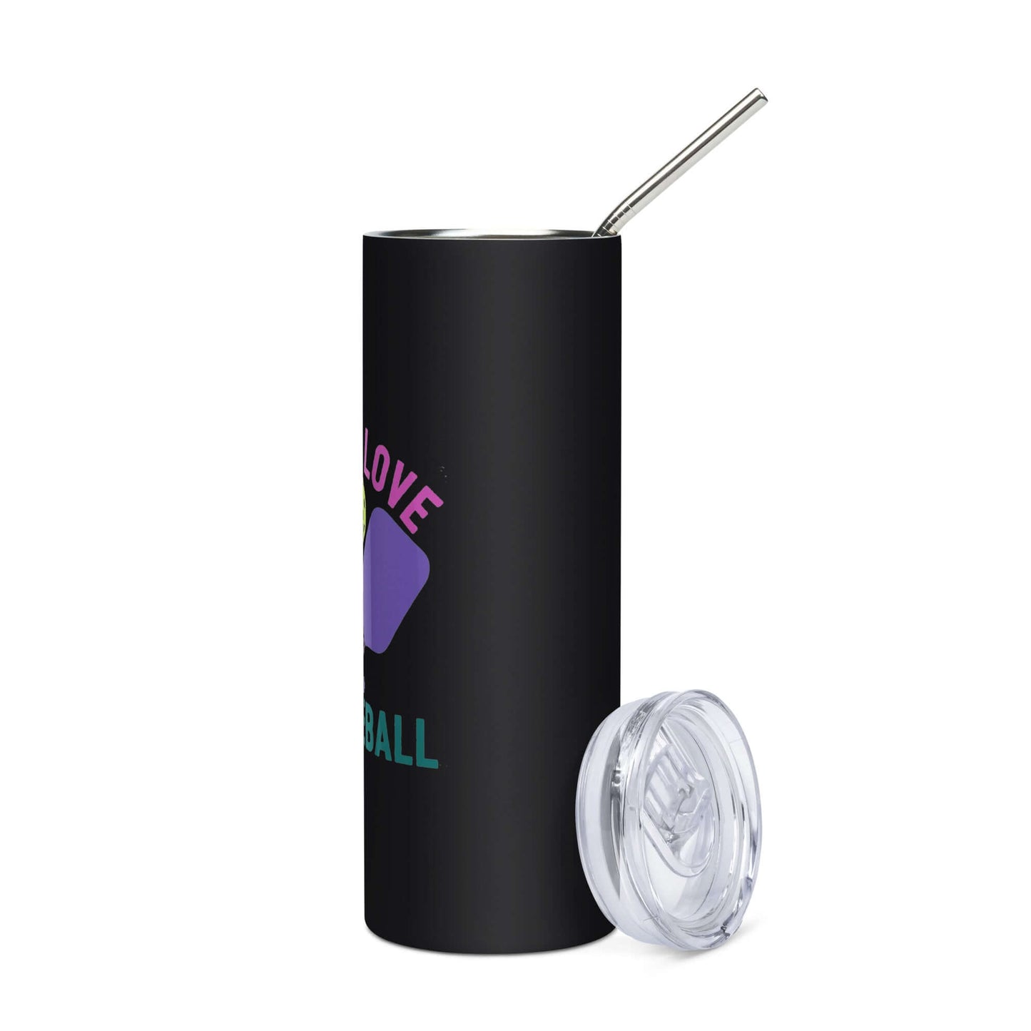 Peace, Love, Pickleball stainless steel tumbler with straw, perfect for pickleball enthusiasts.