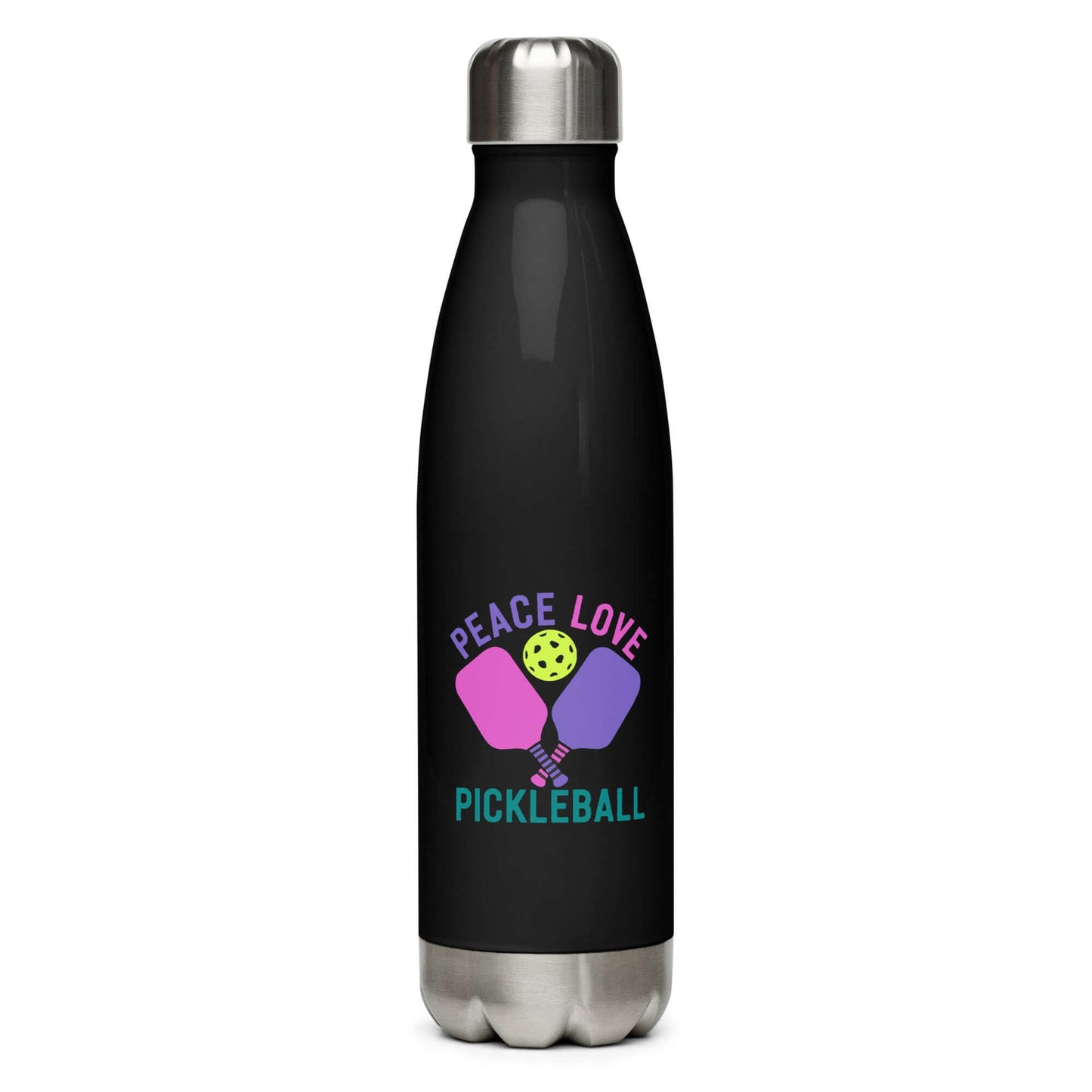 Peace, Love, Pickleball stainless steel water bottle, stylish hydration for pickleball enthusiasts.