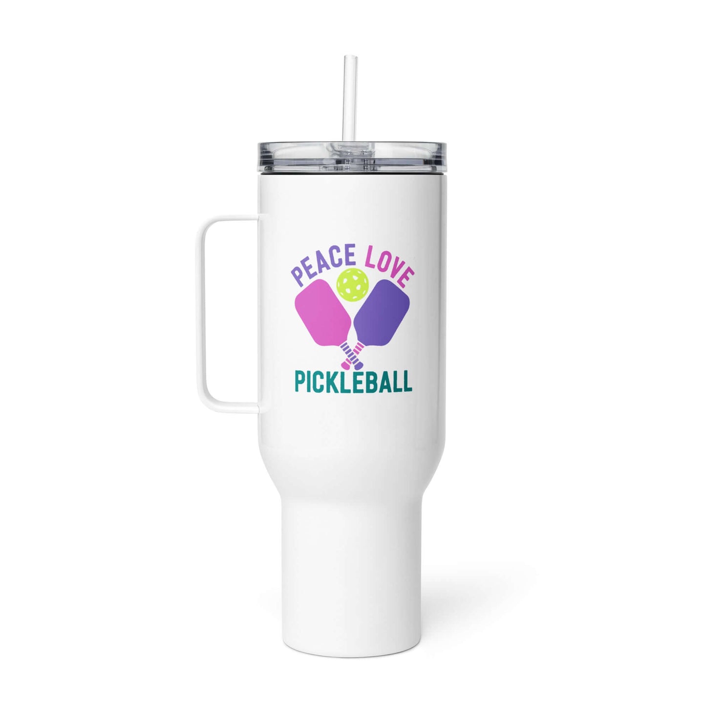 Peace Love Pickleball Travel Mug with Handle, perfect for players and enthusiasts, keeps drinks at ideal temperature.