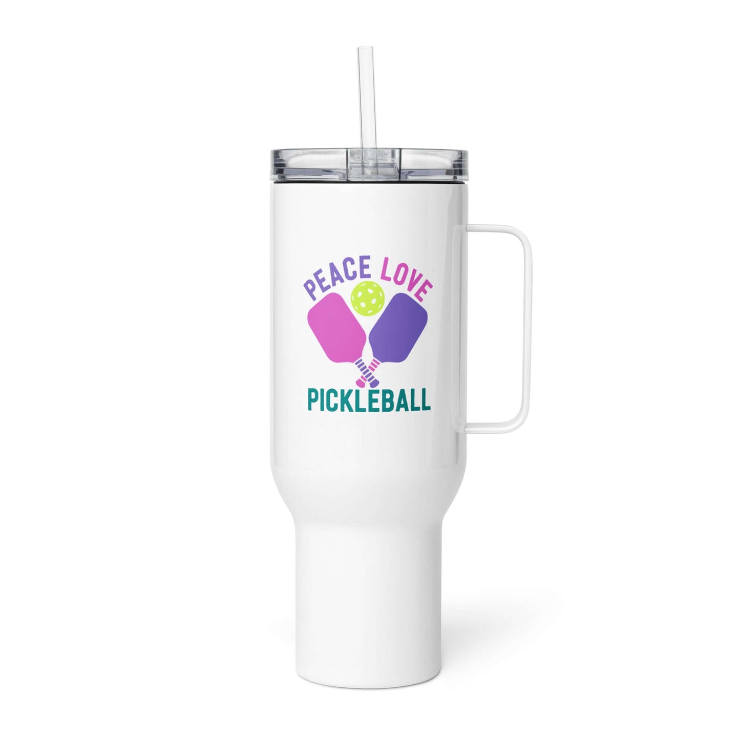 Peace Love Pickleball travel mug with handle, featuring colorful pickleball paddles and a drink straw.