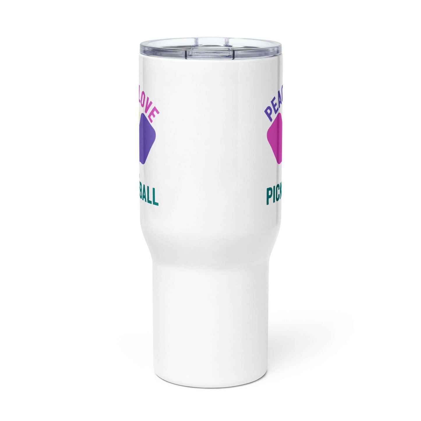 Peace, Love, Pickleball Travel Mug with Handle for enthusiasts to enjoy beverages on the go.
