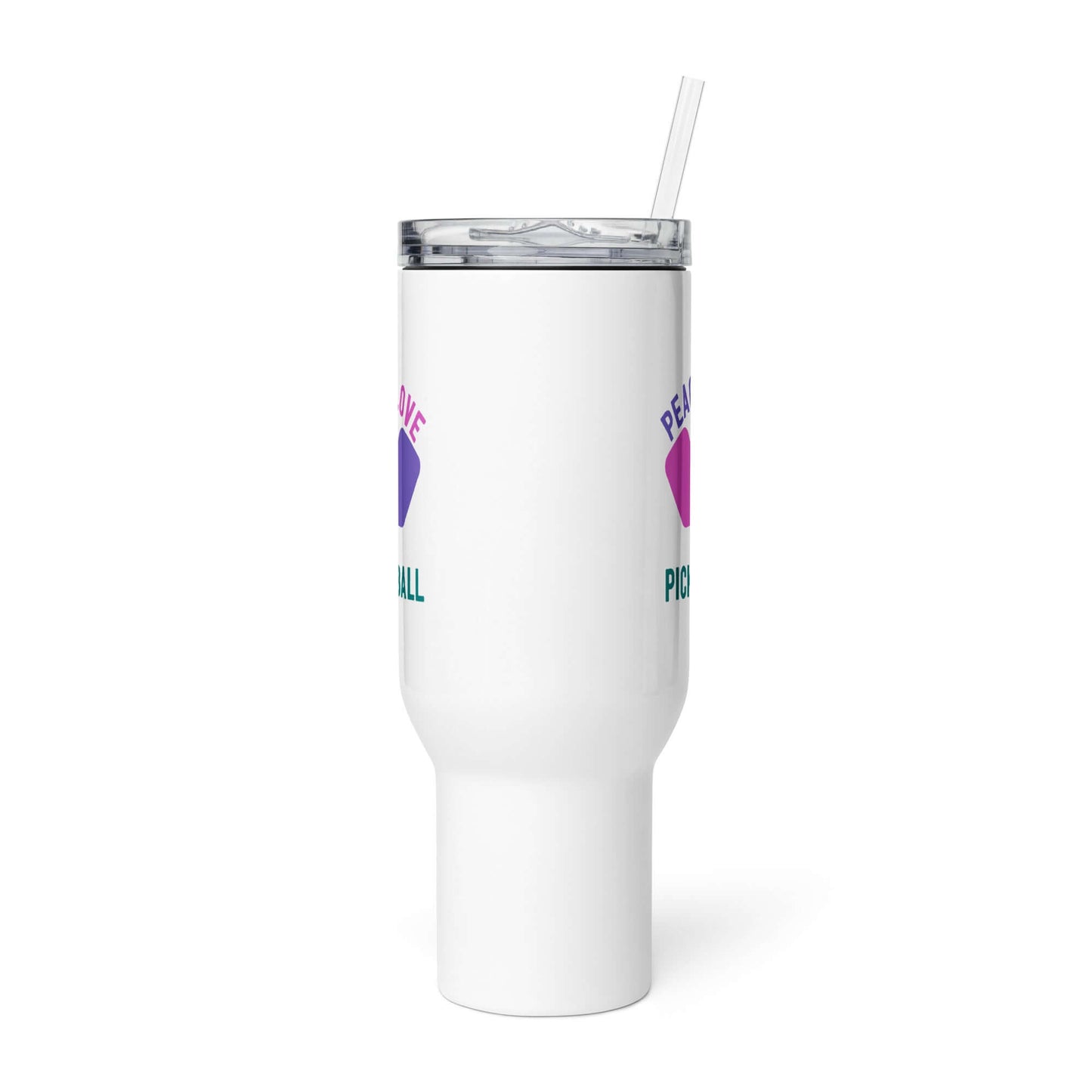 White travel mug with handle and straw, featuring 'Peace, Love, Pickleball' design for enthusiasts.