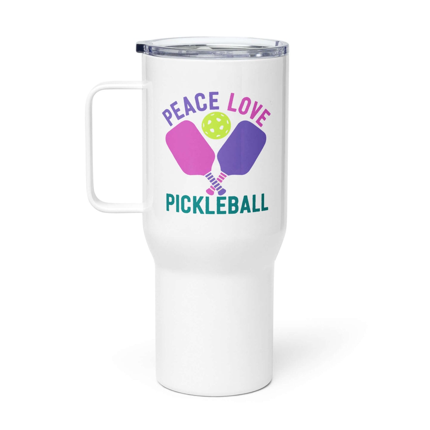 Peace Love Pickleball Travel Mug with Handle for enthusiasts, stylish design, perfect for drinks on-the-go.