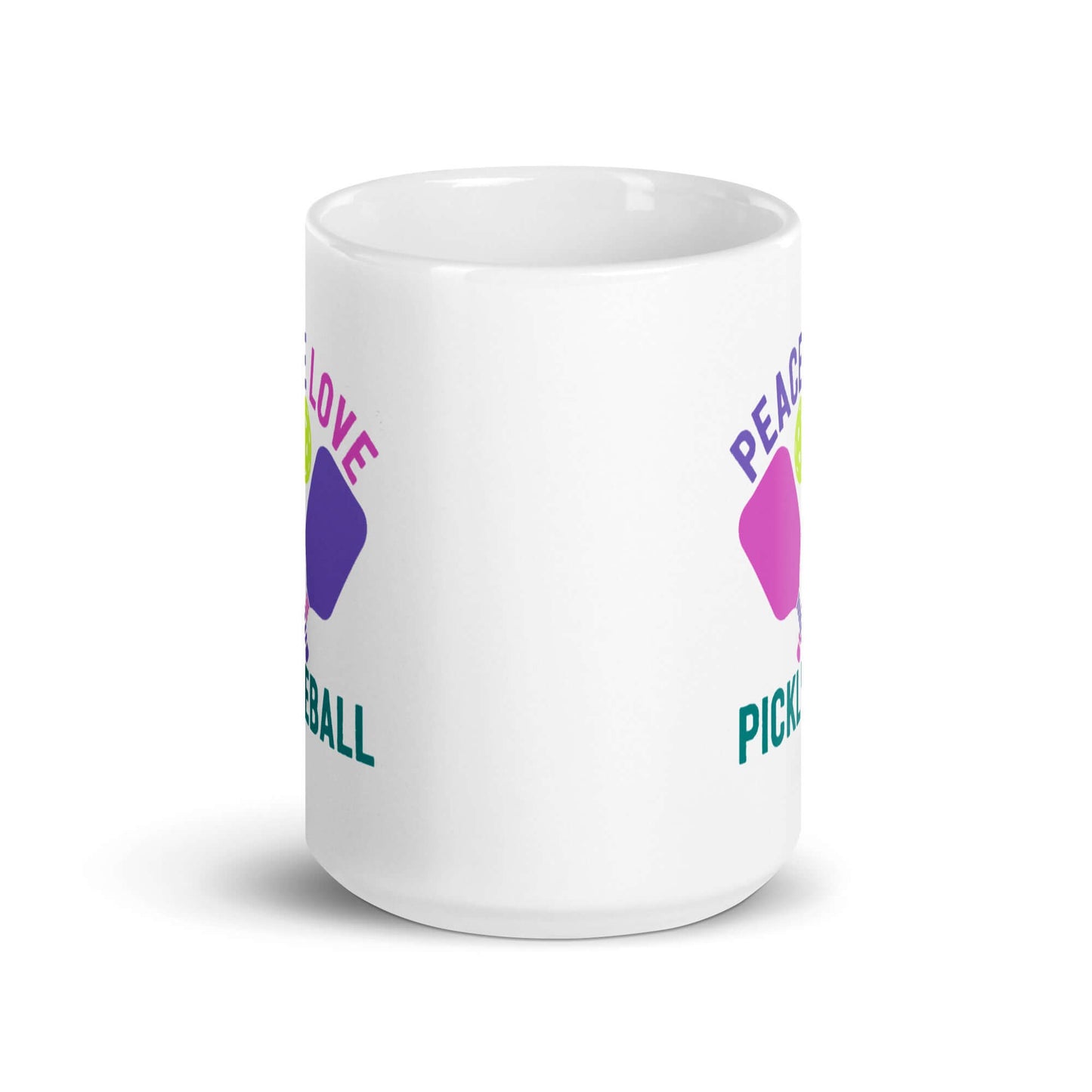 White glossy mug featuring 'Peace, Love, Pickleball' design, perfect for coffee or tea lovers.