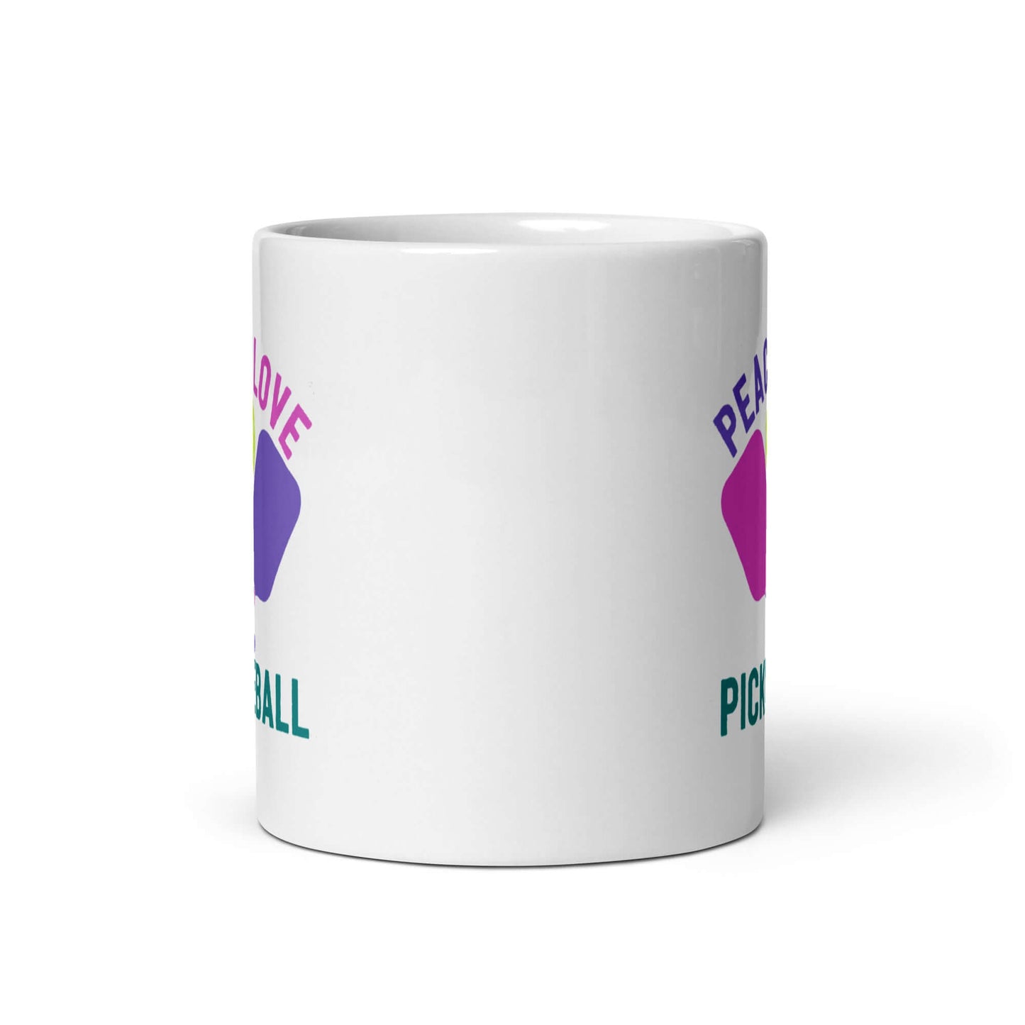 Peace, Love, Pickleball white glossy mug for coffee or tea lovers and pickleball enthusiasts.