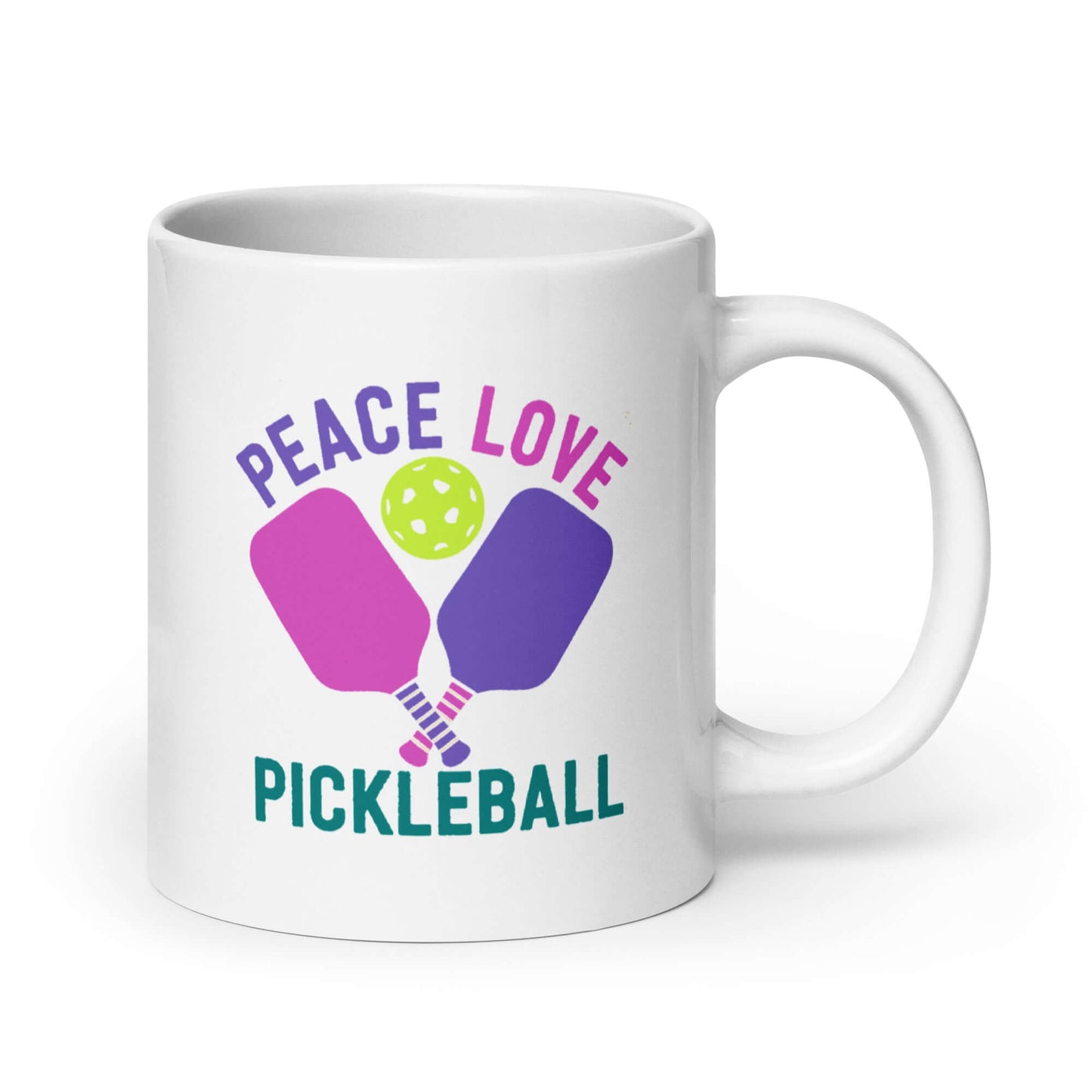 White glossy mug featuring 'Peace Love Pickleball' design with paddles and a ball.