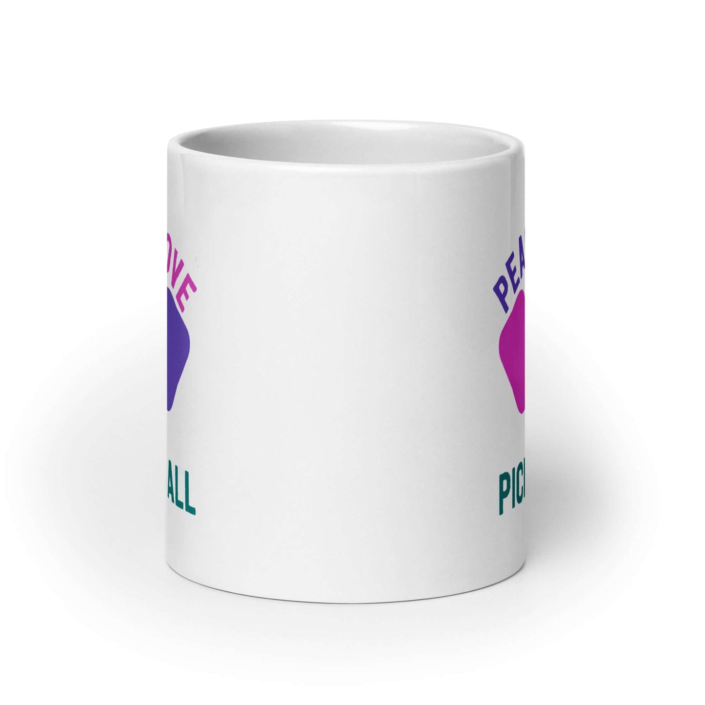 White glossy mug with 'Peace, Love, Pickleball' design, perfect for coffee or tea lovers and pickleball enthusiasts.