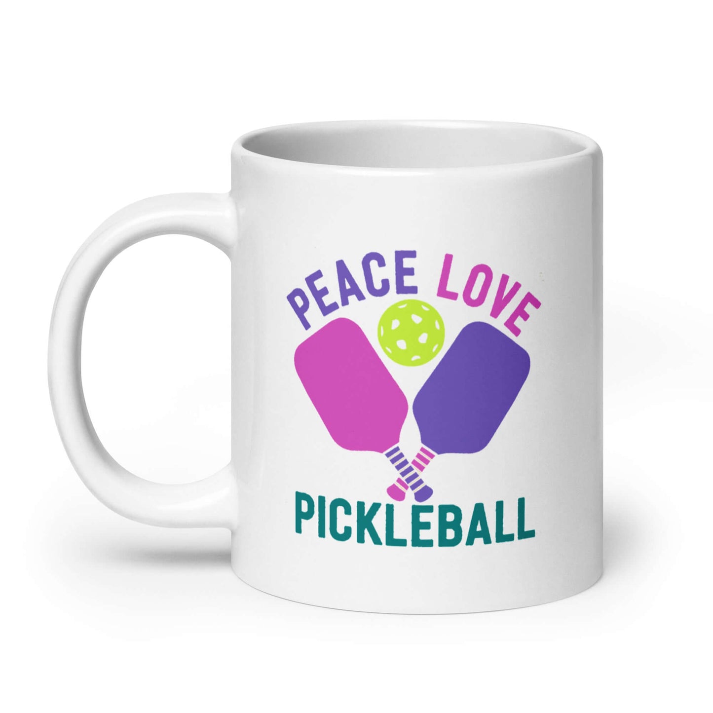 White glossy mug with 'Peace Love Pickleball' design and colorful paddles, perfect for pickleball enthusiasts.