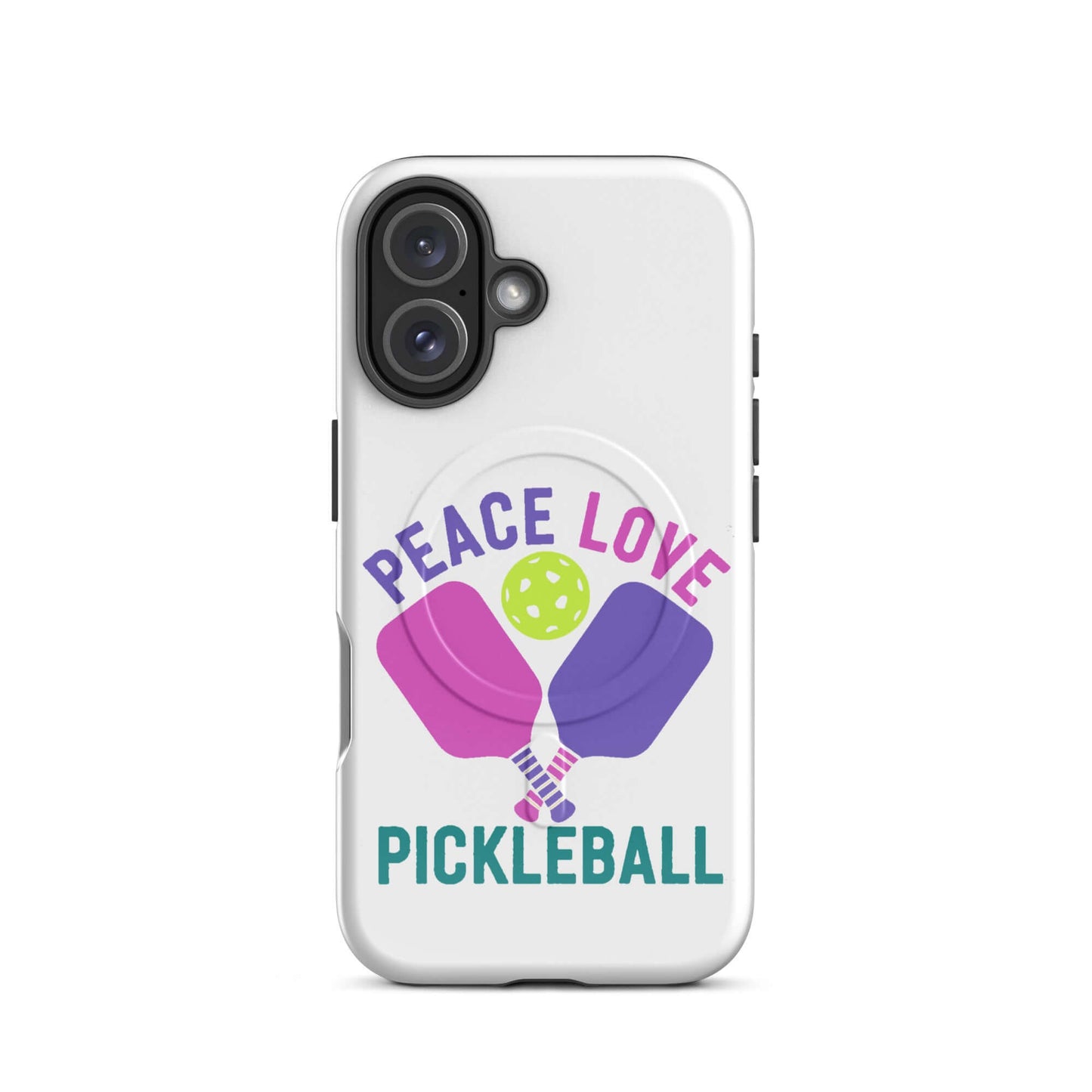 Peace, Love, Pickleball iPhone case featuring paddles and ball design on a white background.