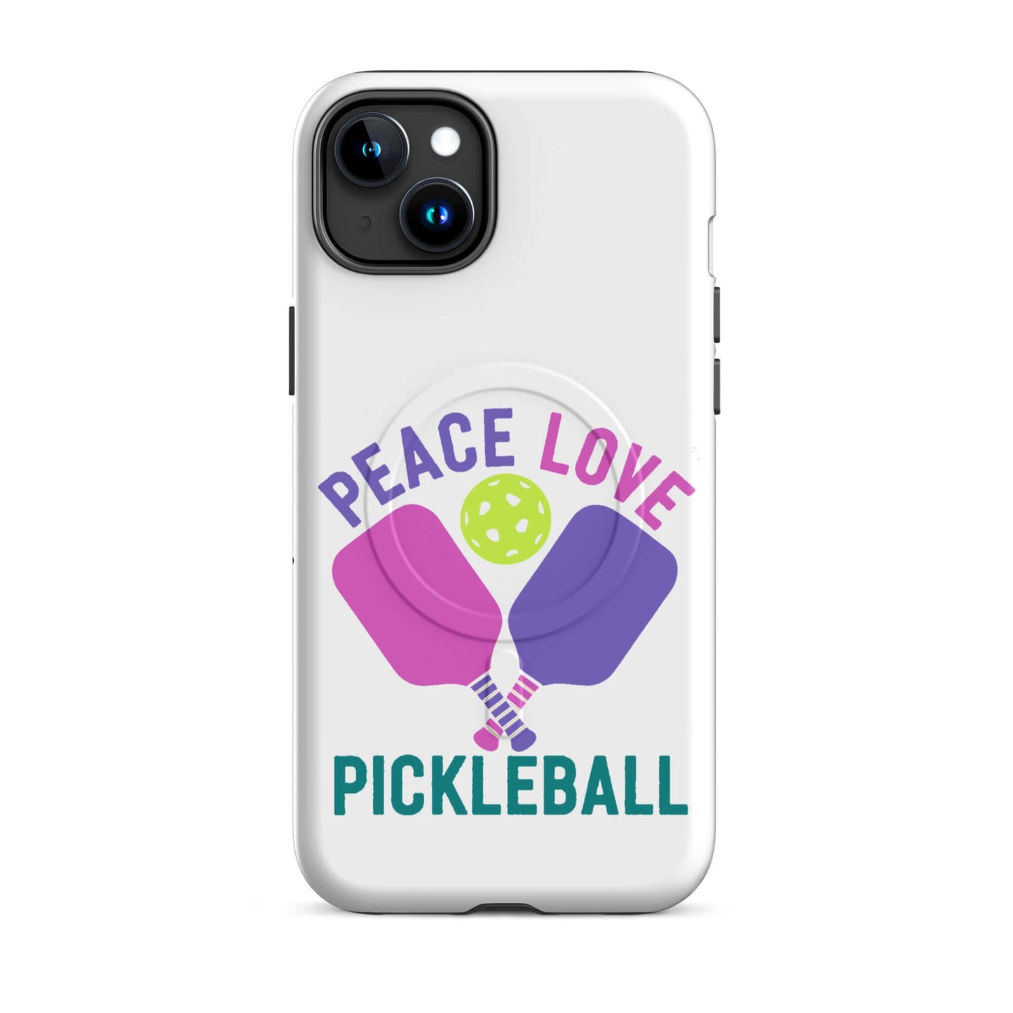Peace, Love, Pickleball iPhone tough case showcasing colorful paddles and a pickleball design.