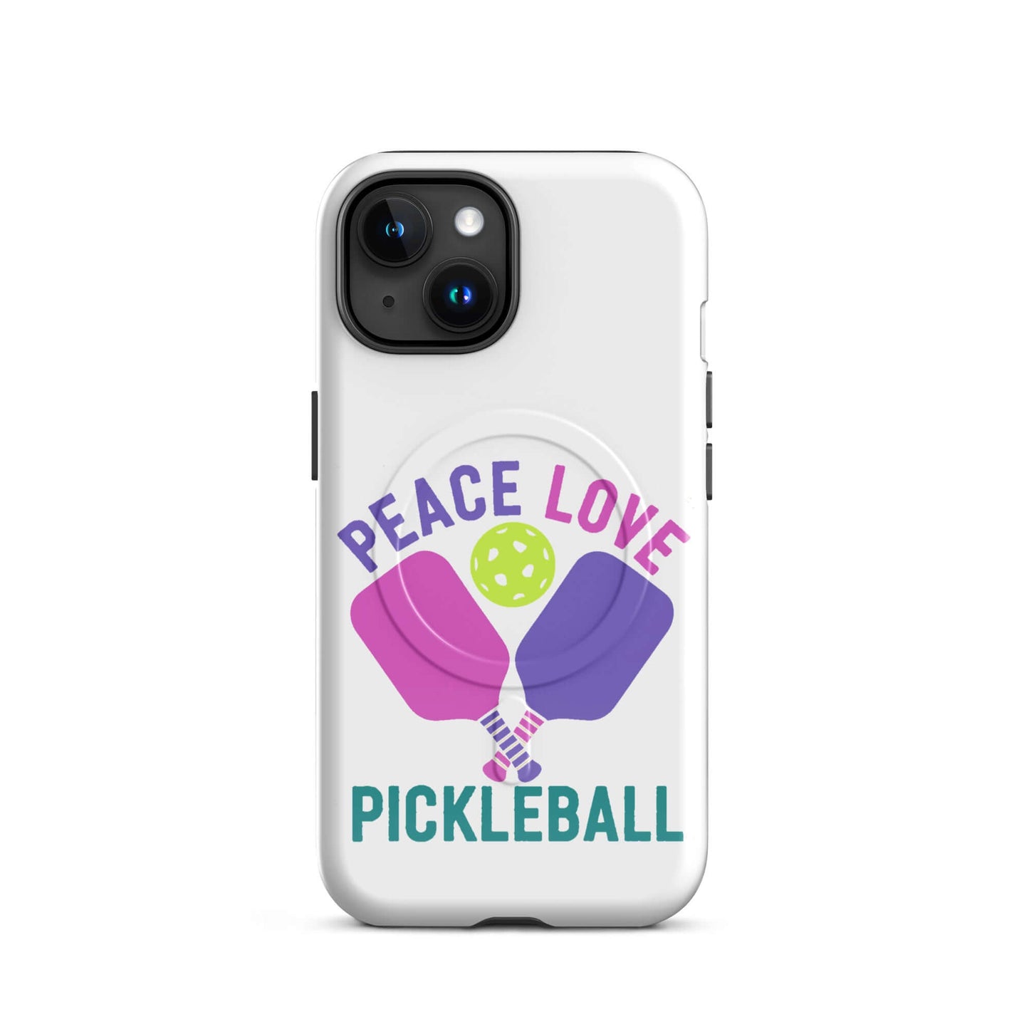 Peace Love Pickleball white MagSafe tough case for iPhone showcasing pickleball paddles and ball.