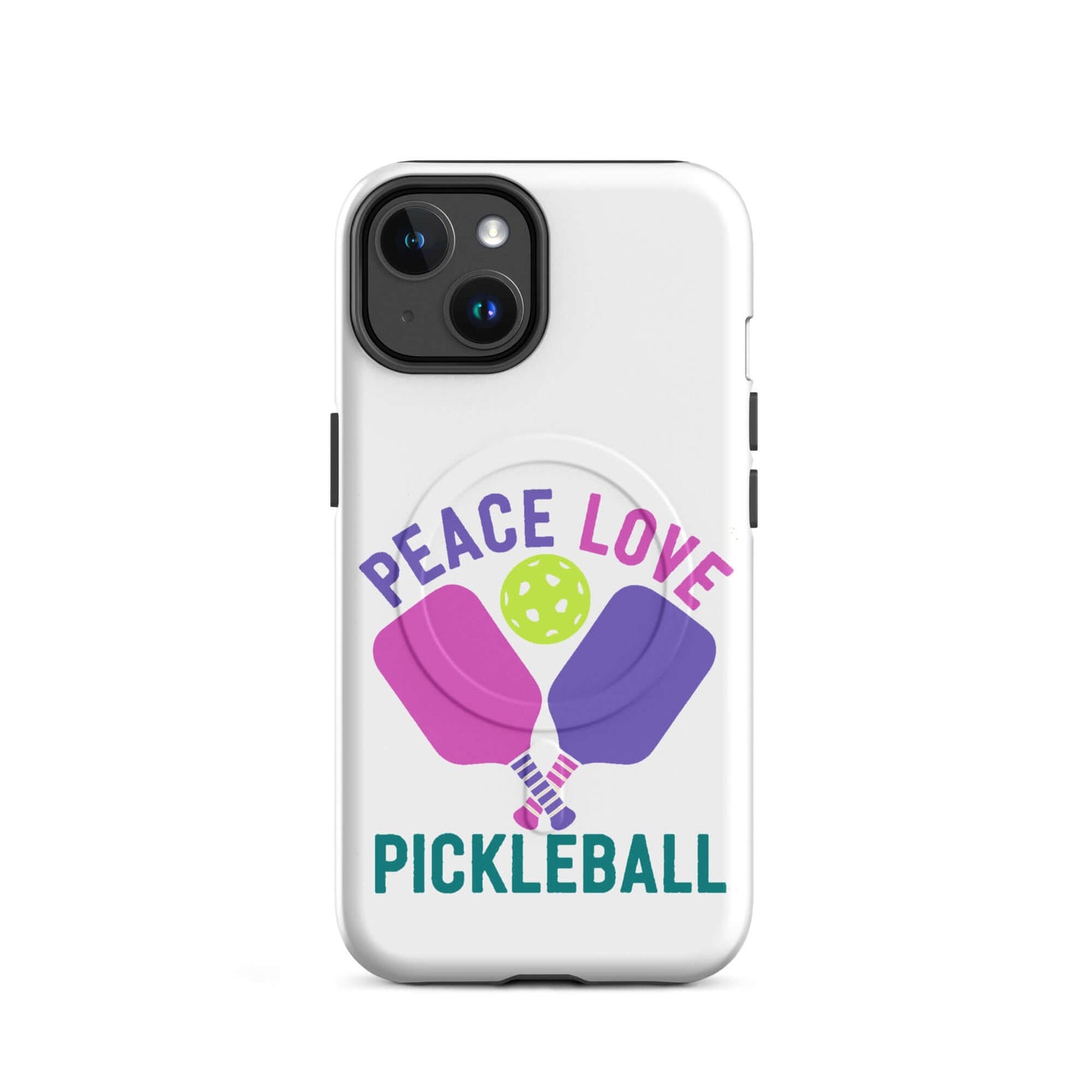 Peace, Love, Pickleball White MagSafe® Tough Case for iPhone® featuring paddles and a ball.