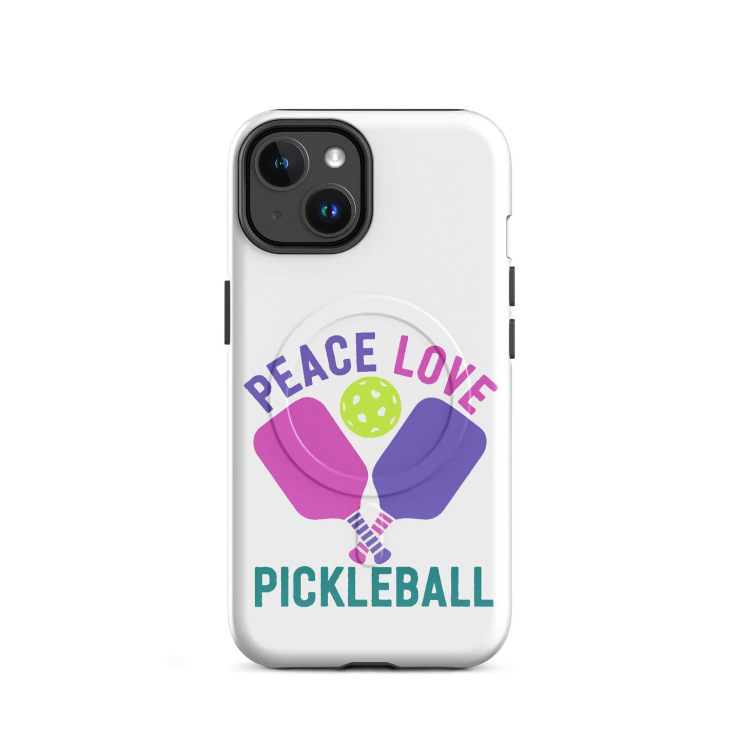 Peace Love Pickleball white MagSafe tough case for iPhone featuring paddles and a pickleball design.