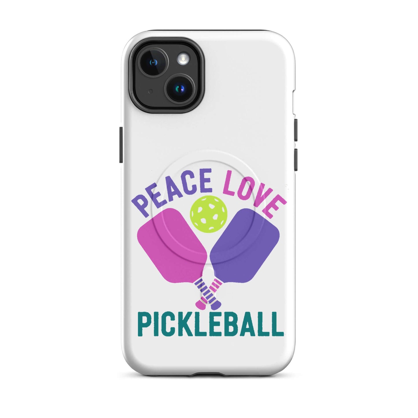 Peace, Love, Pickleball White MagSafe Tough Case for iPhone with colorful paddles and pickleball design.