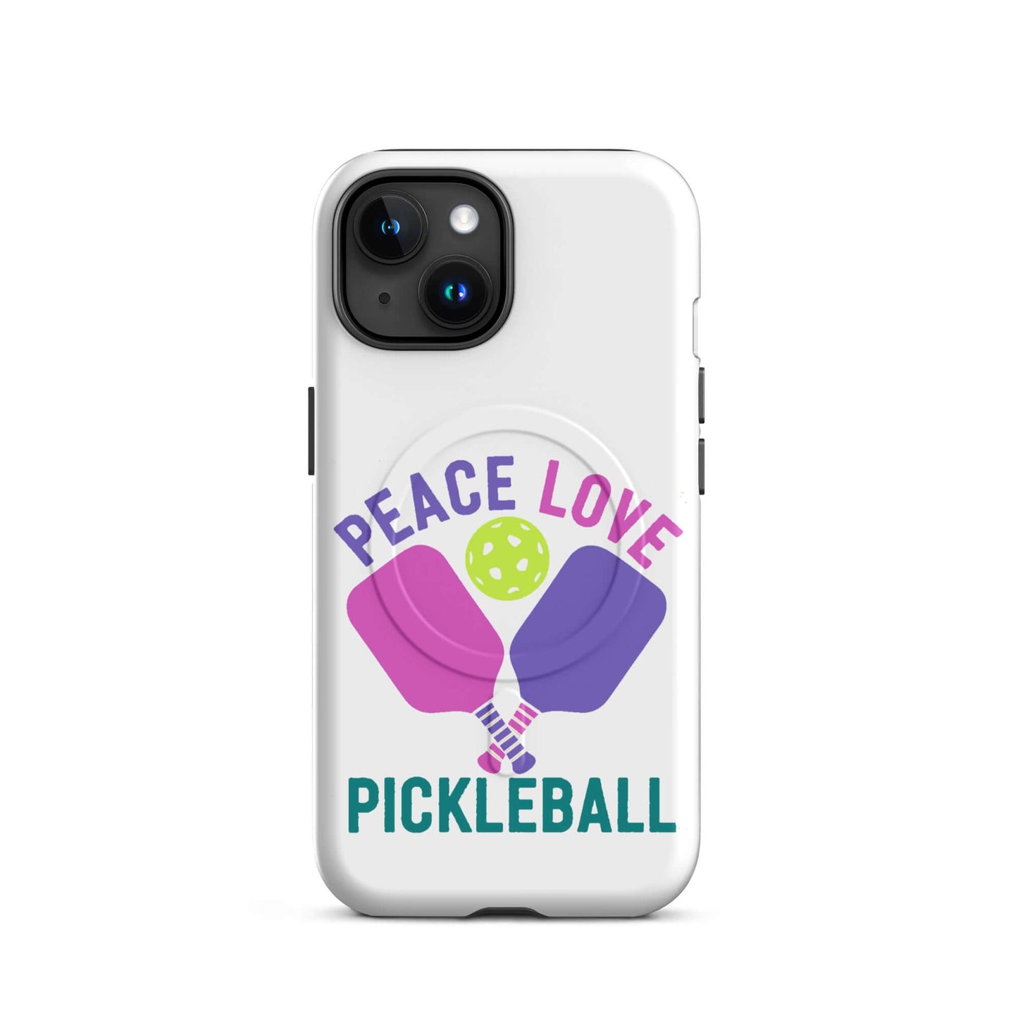 Peace, Love, Pickleball white MagSafe tough case for iPhone featuring paddles and a pickleball design.