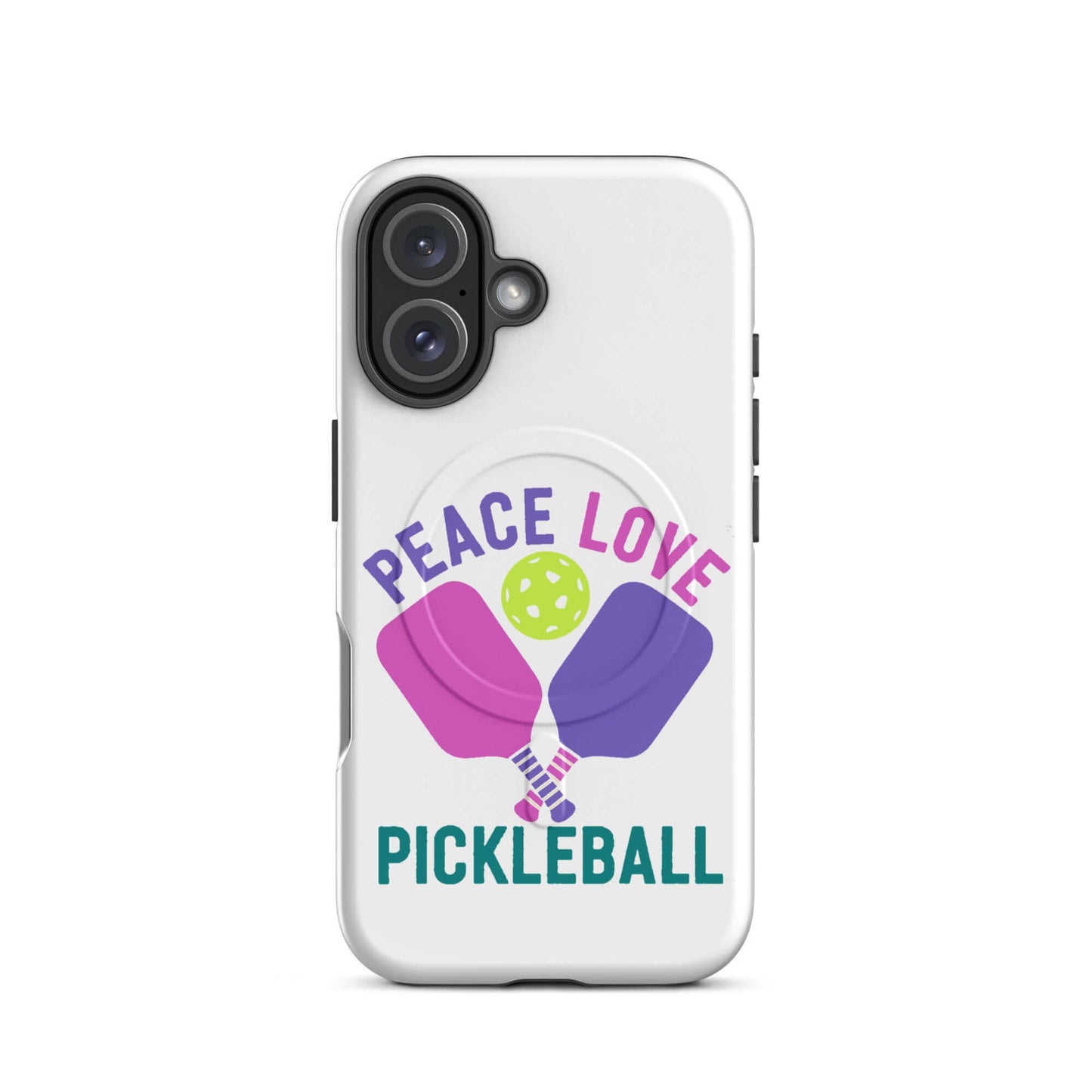 Peace, Love, Pickleball white MagSafe Tough Case for iPhone with vibrant design and pickleball graphics.
