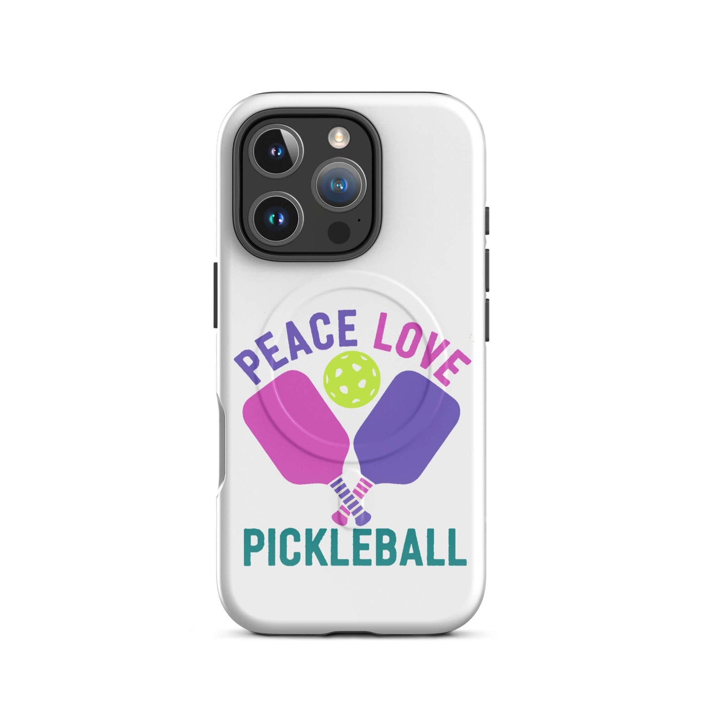 Peace, Love, Pickleball iPhone tough case with colorful paddles and ball design.