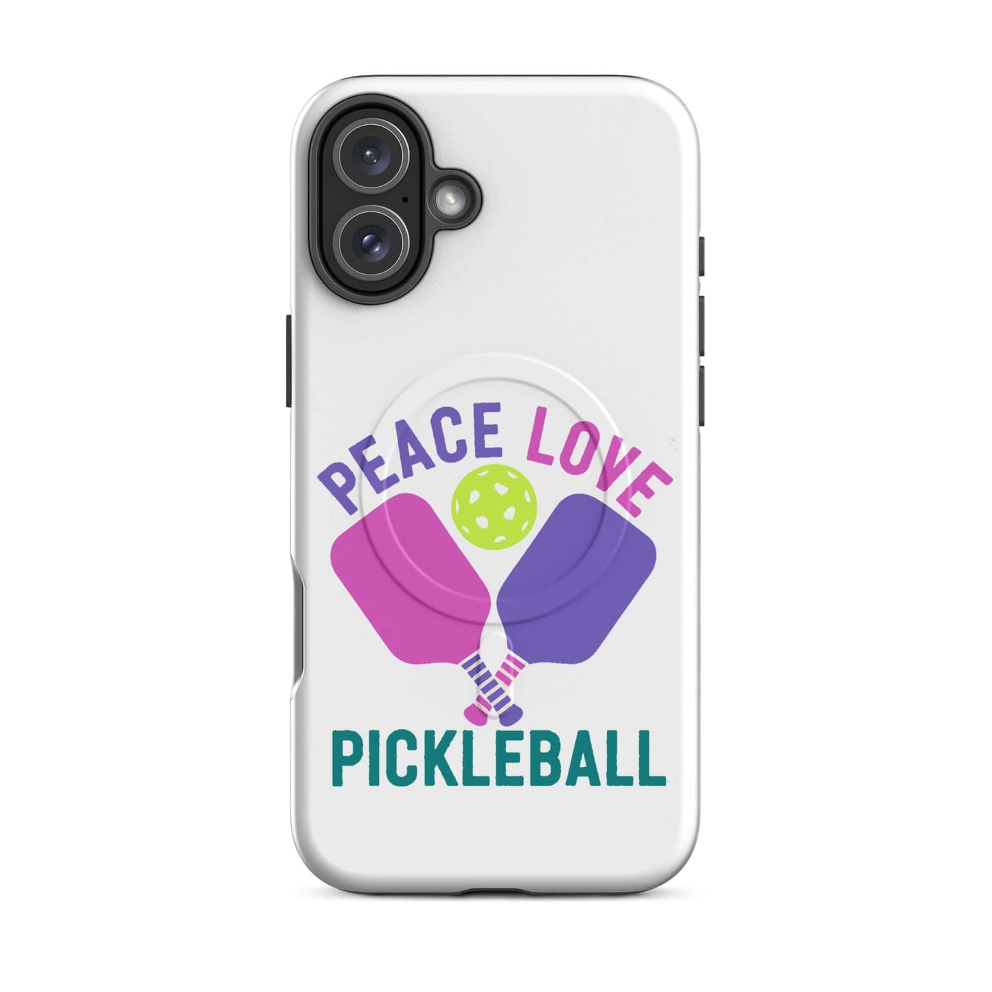 Peace, Love, Pickleball design on white MagSafe Tough Case for iPhone, featuring pickleball paddles and a ball.