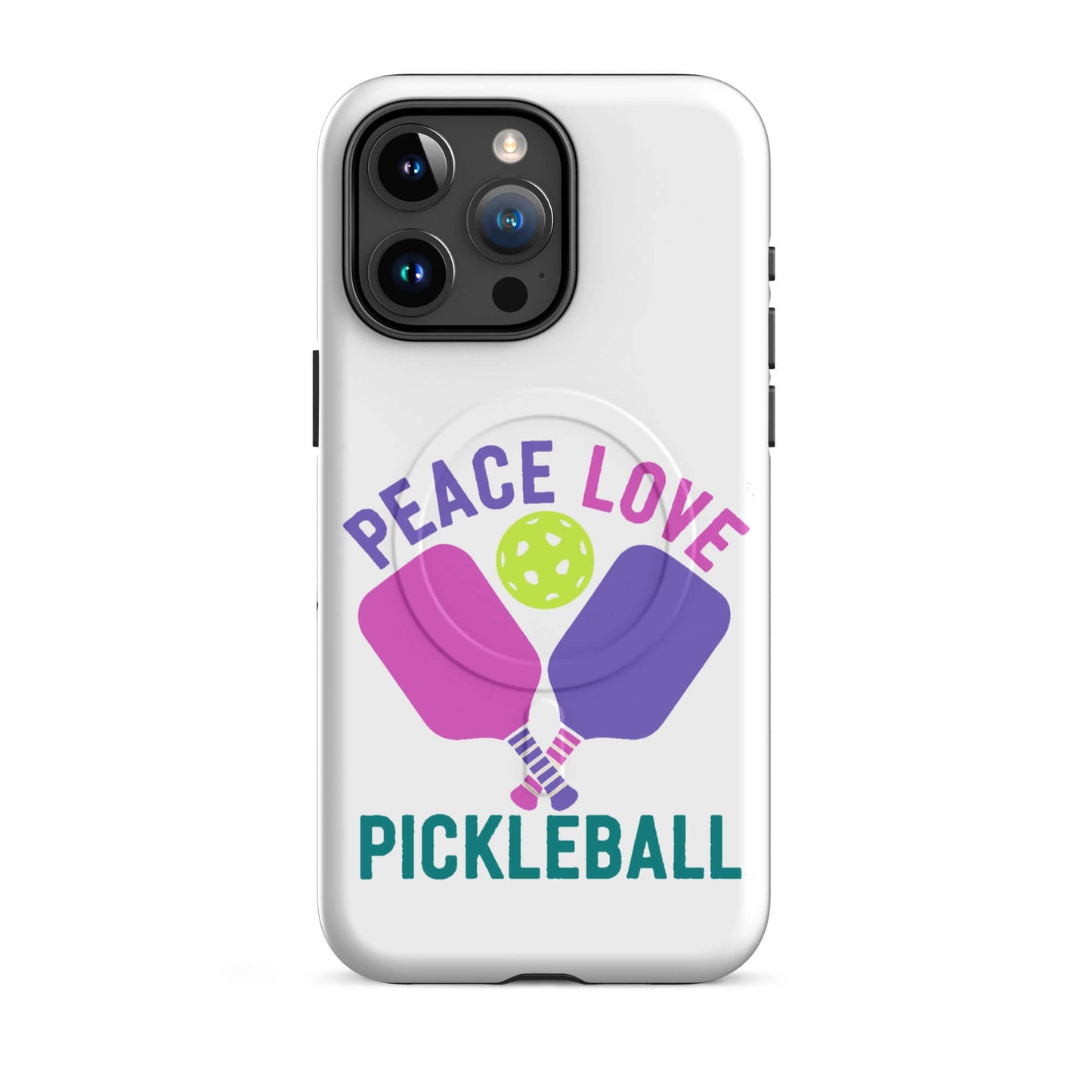 Peace, Love, Pickleball white MagSafe Tough Case for iPhone with colorful paddle design