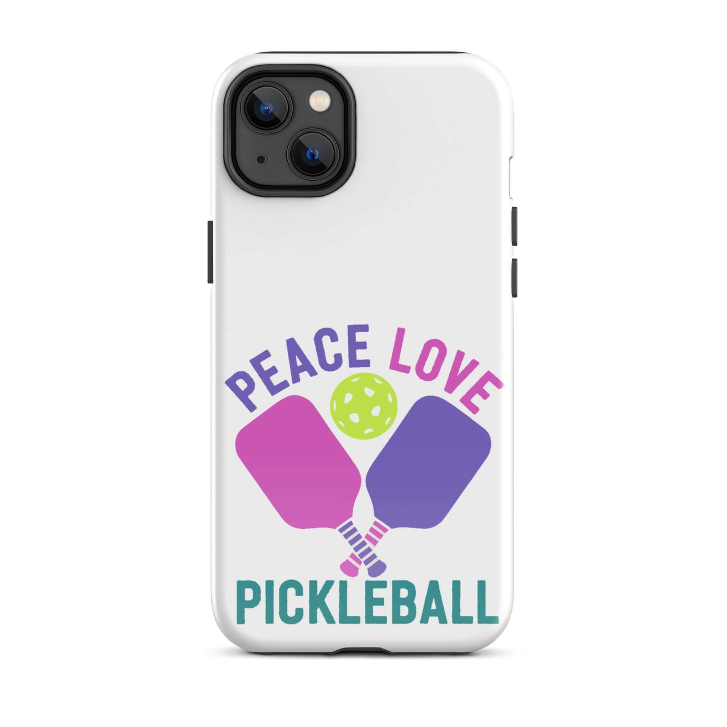 Peace Love Pickleball tough case for iPhone® featuring paddles and a ball design, perfect for pickleball enthusiasts.
