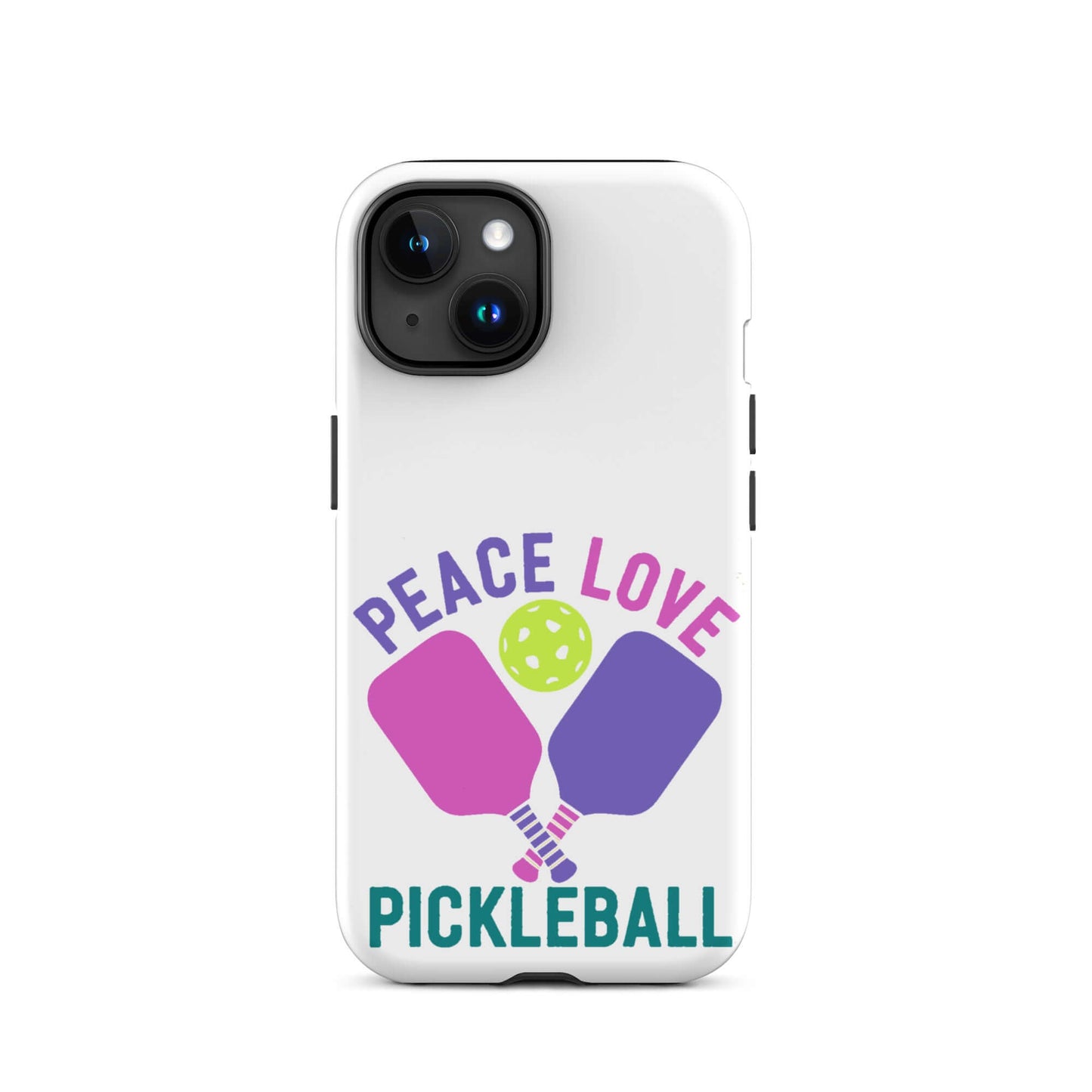 Peace Love Pickleball white tough case for iPhone featuring paddles and a pickleball graphic.
