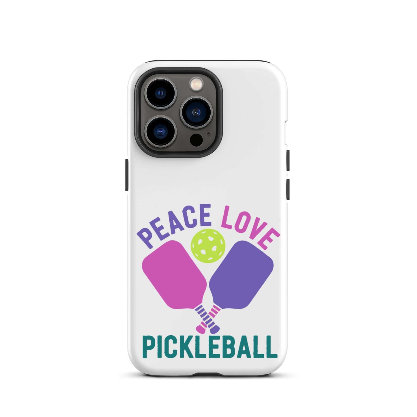 Peace, Love, Pickleball iPhone tough case featuring paddles and a ball design in vibrant colors.