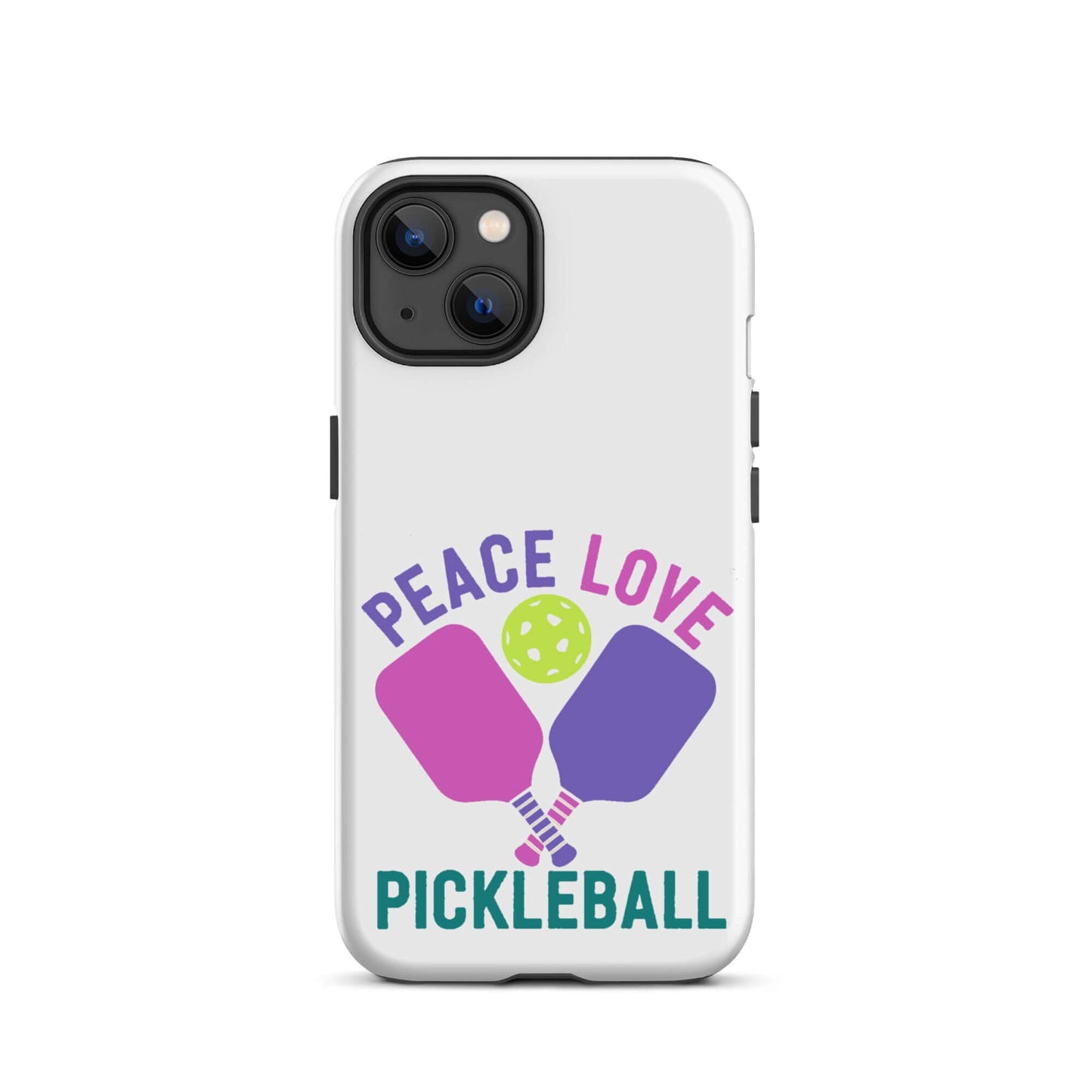 Peace Love Pickleball White Tough Case for iPhone® featuring paddles and a ball design.