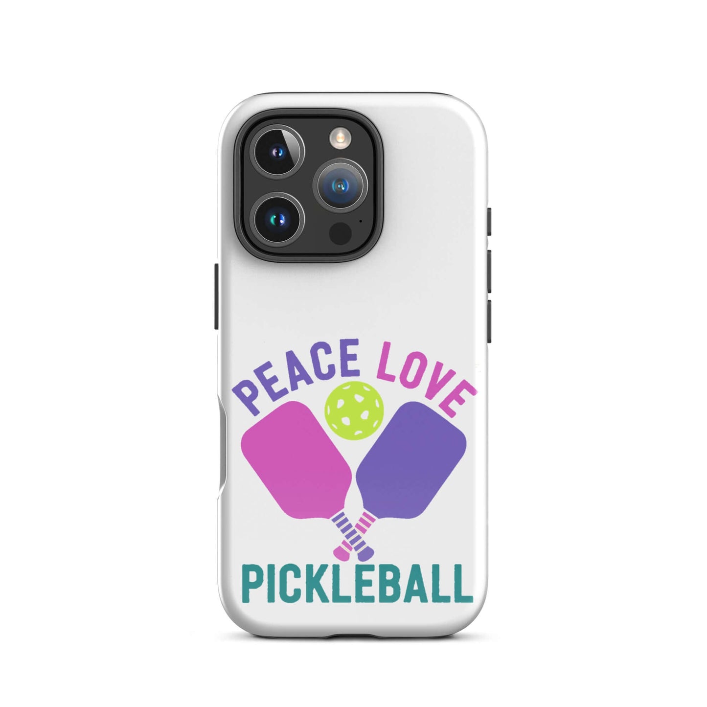 Peace Love Pickleball white tough case for iPhone featuring vibrant paddles and a pickleball graphic.