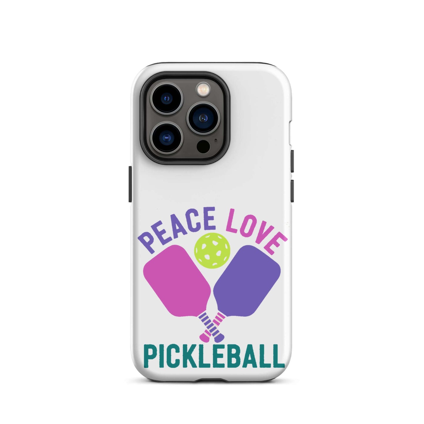 Peace Love Pickleball white tough case for iPhone featuring paddles and a pickleball design.