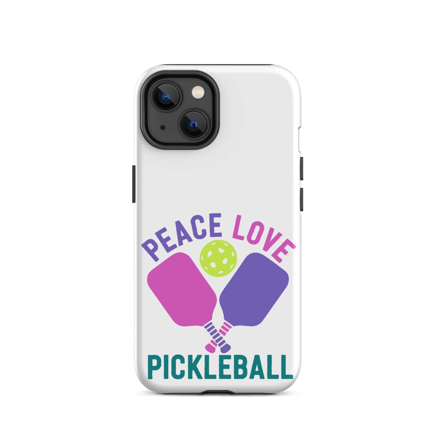 White pickleball iPhone tough case with 'Peace Love Pickleball' design and paddles.