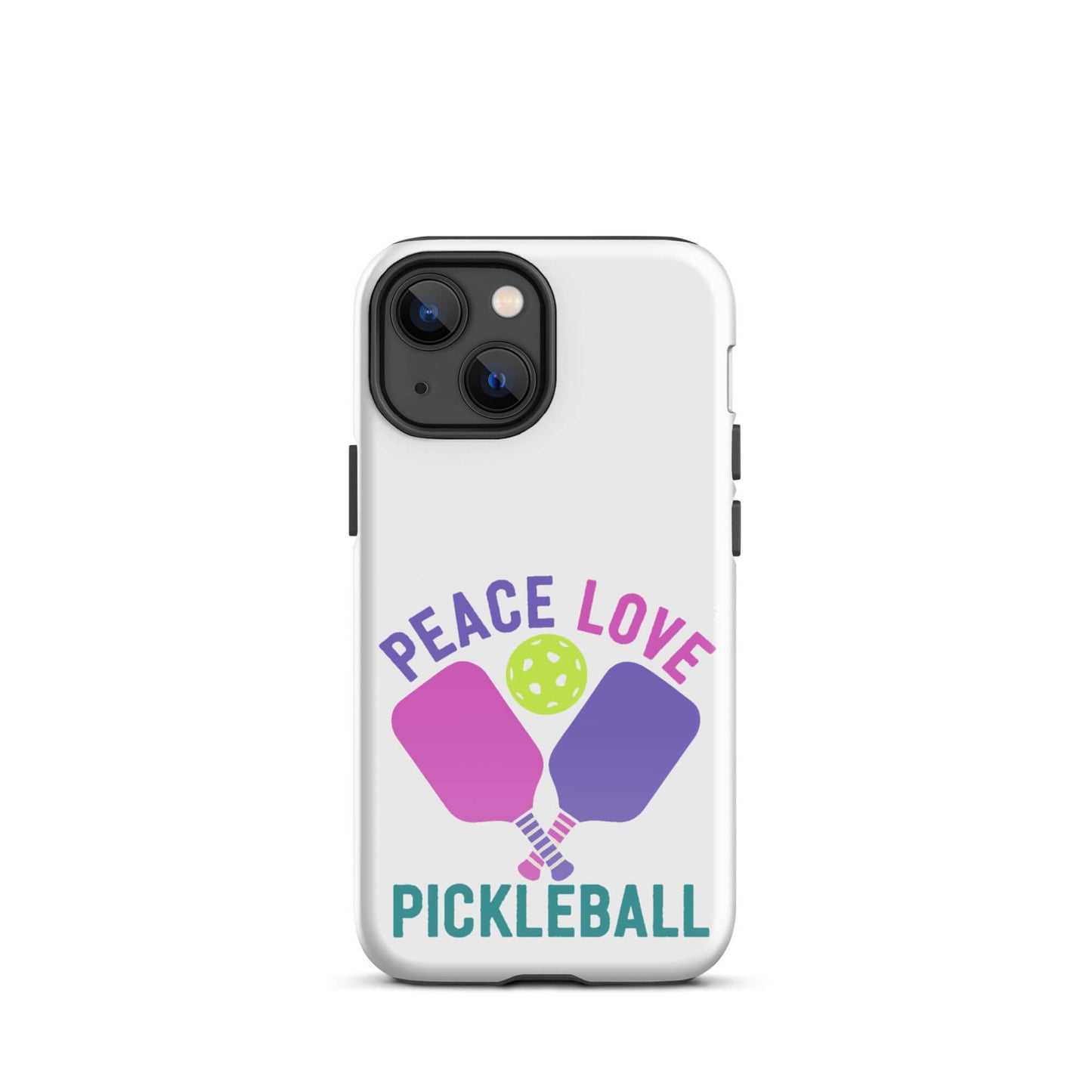 Peace, Love, Pickleball white tough case for iPhone, showcasing pickleball paddles and ball design.