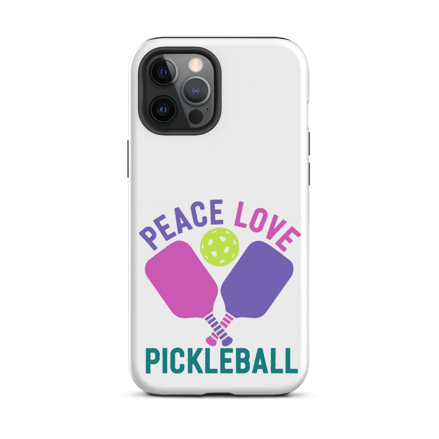 Peace Love Pickleball white tough case for iPhone featuring paddles and a ball design