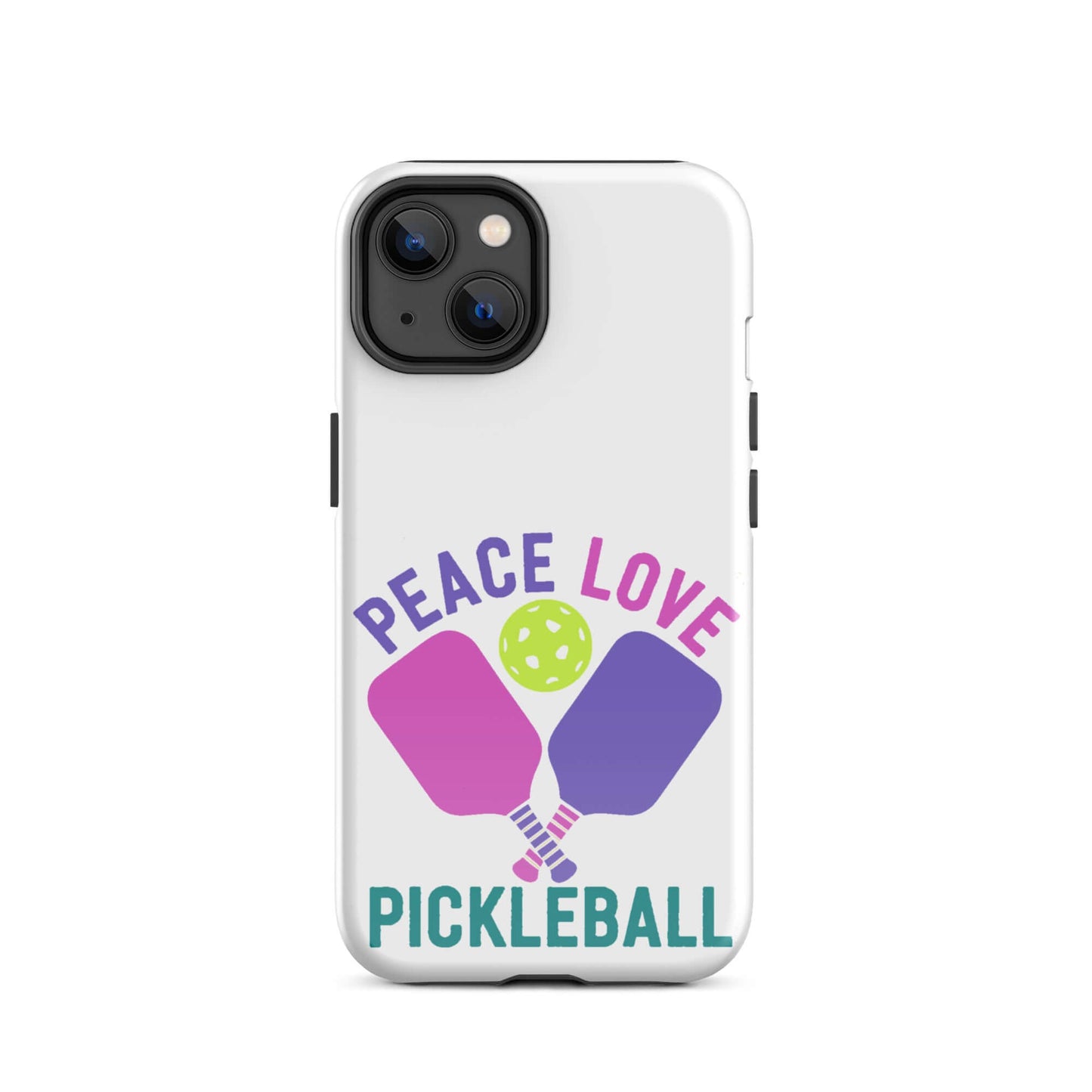 White iPhone tough case featuring 'Peace Love Pickleball' design with paddles and ball, perfect for enthusiasts.