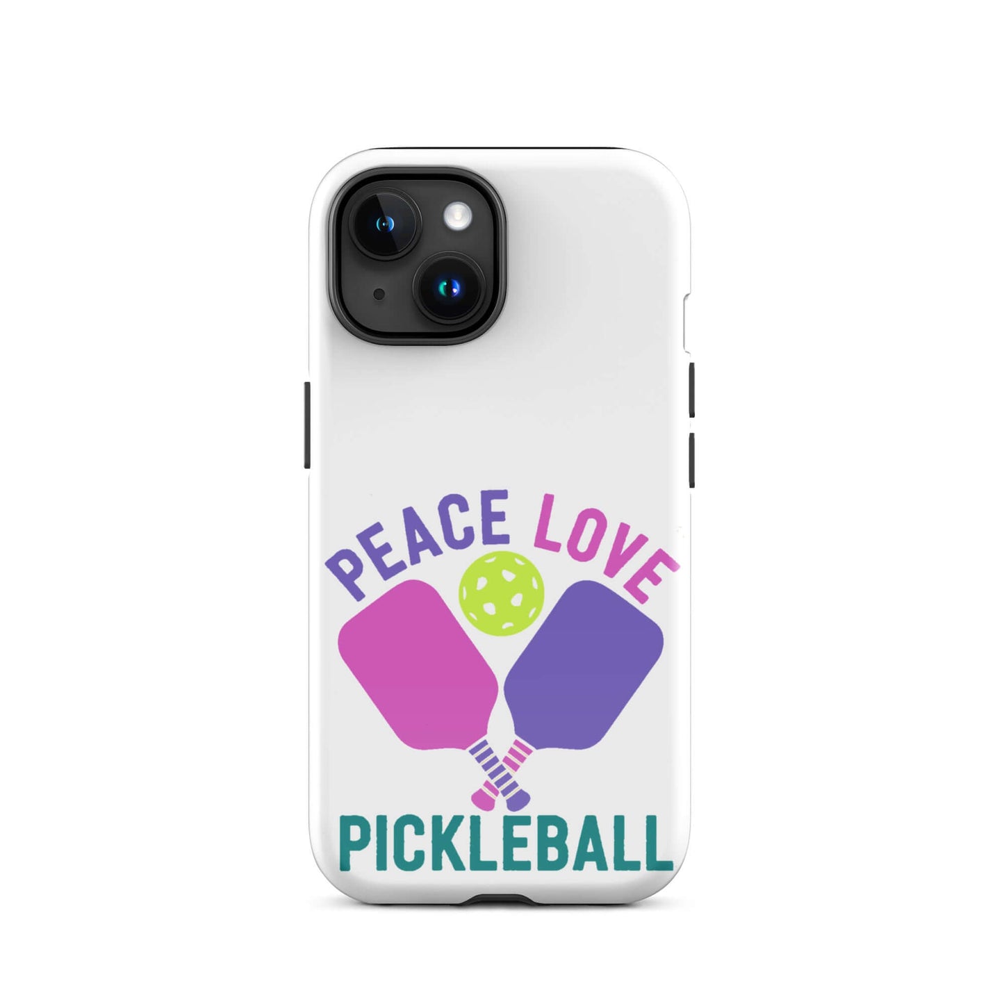 Peace Love Pickleball white tough case for iPhone, featuring colorful paddles and a pickleball design.