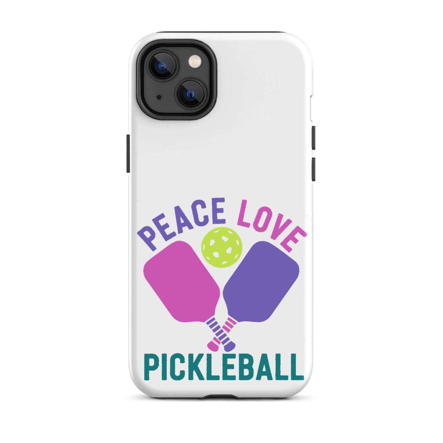 Peace Love Pickleball white tough case for iPhone with vibrant paddles and ball design.