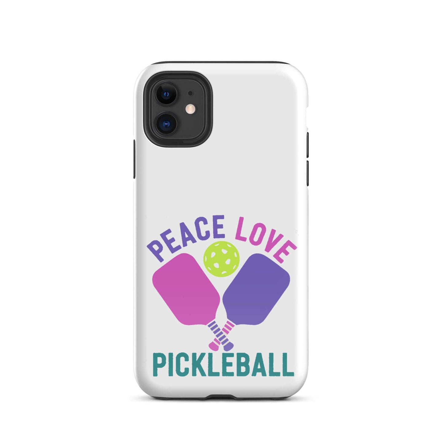 Peace, Love, Pickleball tough case for iPhone with colorful paddles and ball design.