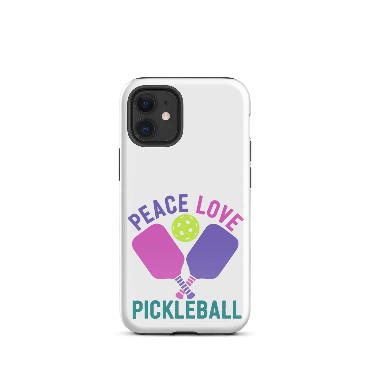 Peace, Love, Pickleball iPhone case showing paddles and ball design, perfect for pickleball enthusiasts.