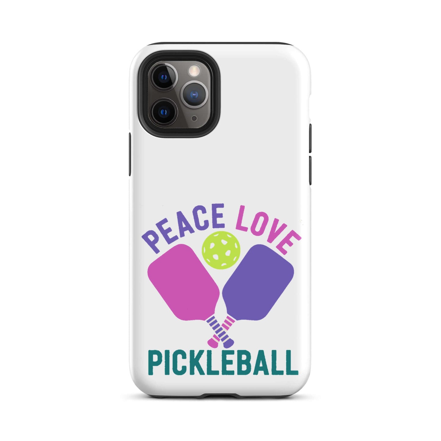 Peace, Love, Pickleball white tough iPhone case featuring paddles and a pickleball graphic.