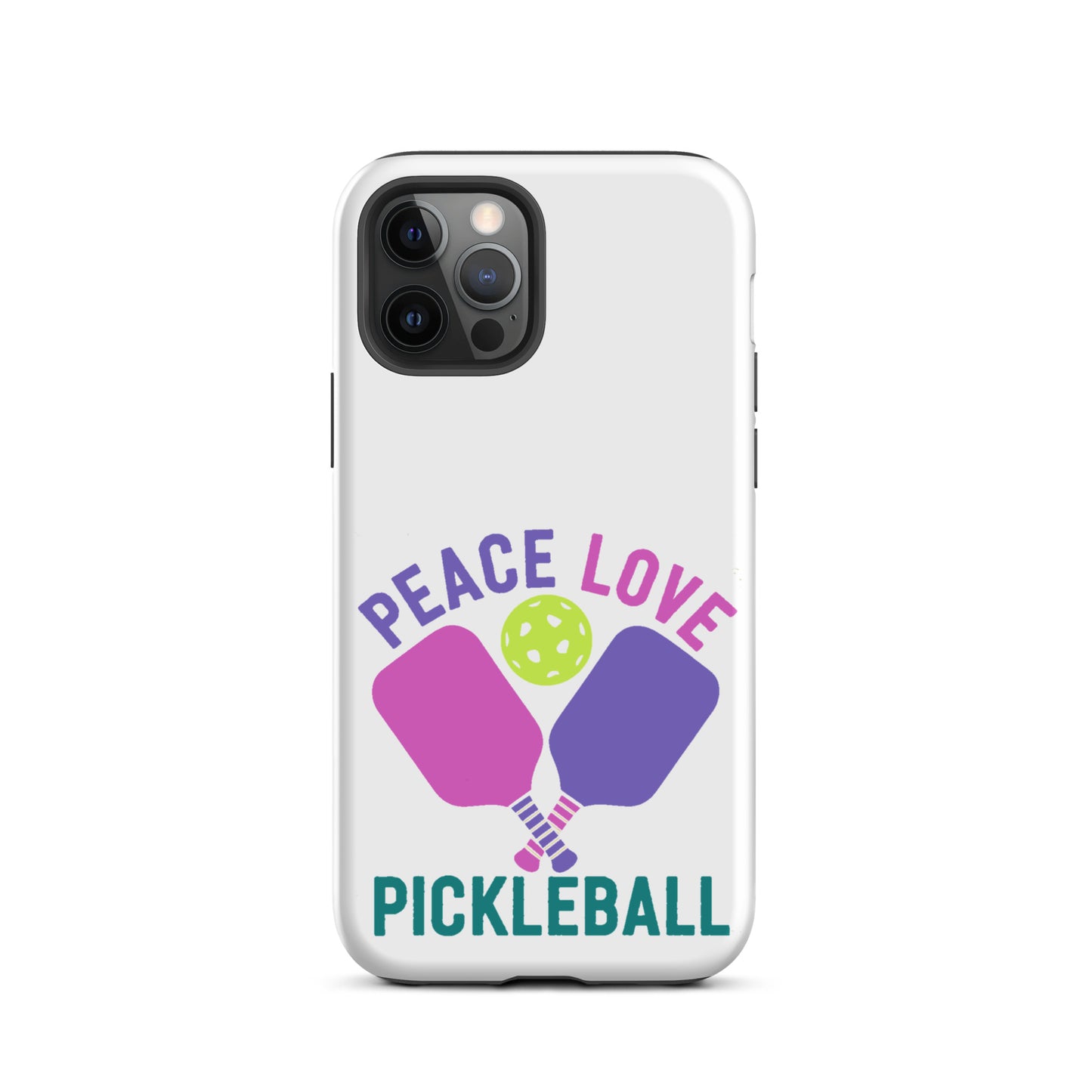 Peace Love Pickleball White Tough Case for iPhone® featuring colorful paddles and a pickleball graphic.