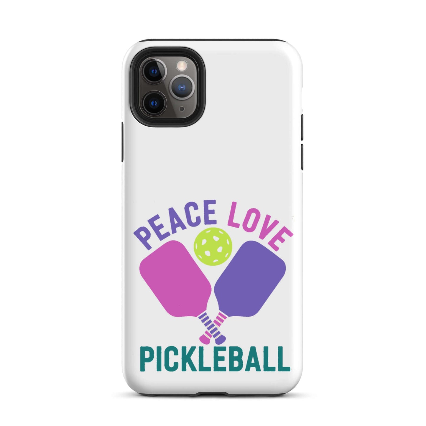 White tough case for iPhone® featuring 'Peace Love Pickleball' graphic and colorful paddles.