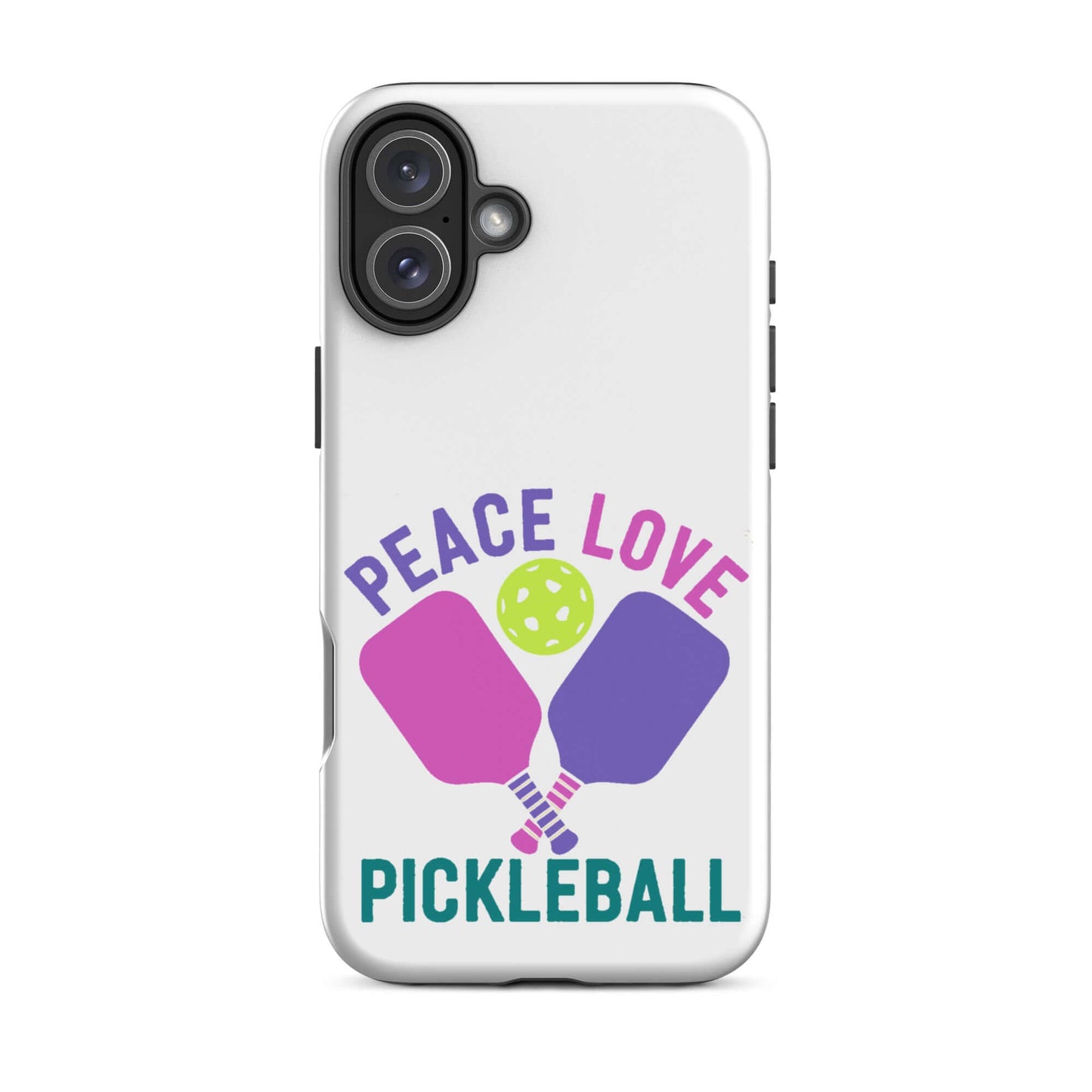 Peace Love Pickleball white tough case for iPhone® with colorful paddles and ball design.