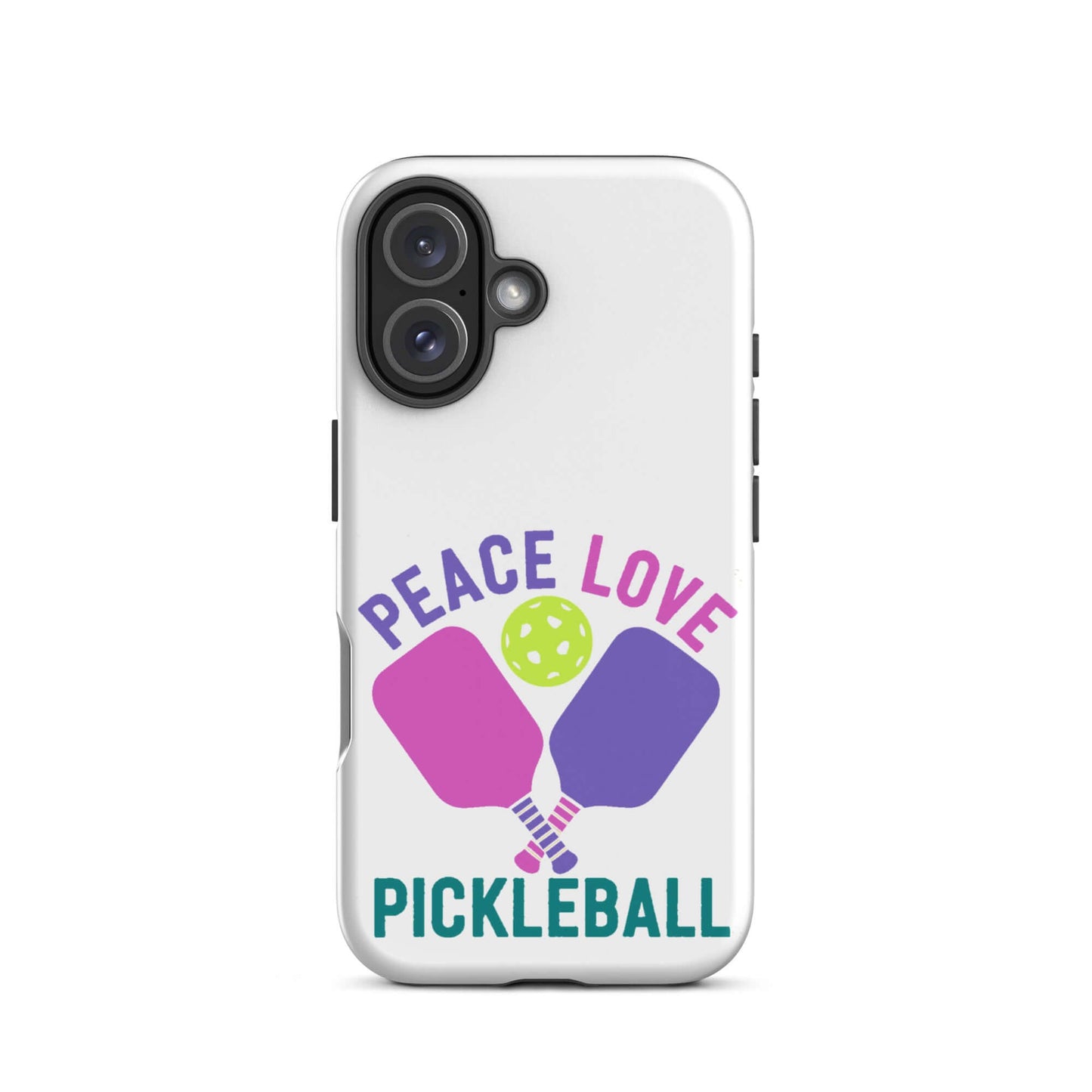 Peace Love Pickleball white tough case for iPhone® with colorful paddles and ball design.