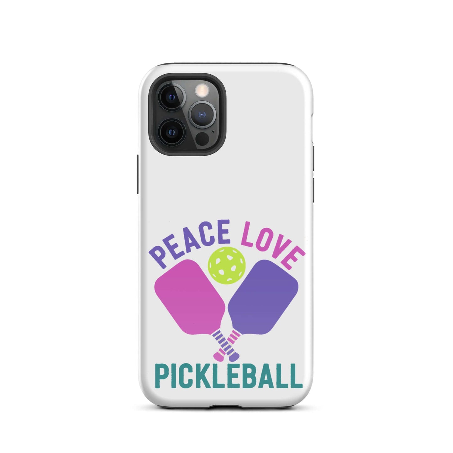 White iPhone tough case featuring 'Peace Love Pickleball' design with paddles and ball