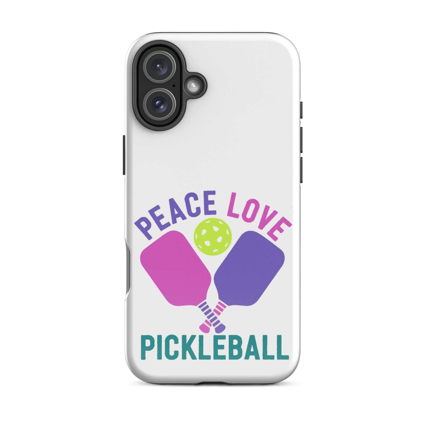 Peace Love Pickleball white tough iPhone case featuring paddles and ball design for pickleball lovers.